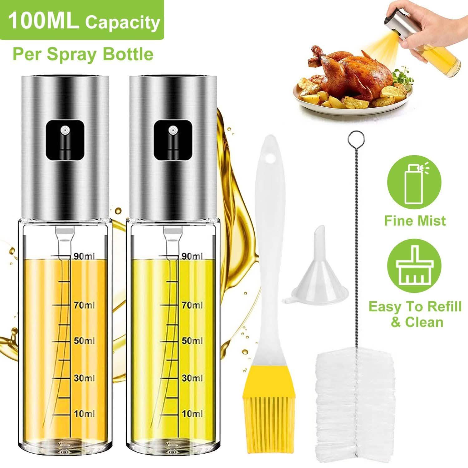 2-Pieces: Oil Dispenser Mister Refillable Stainless Steel Glass Vinegar with Measurement Oil Control Diet