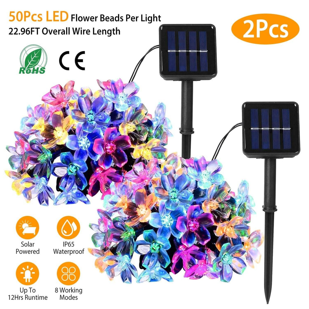 2-Pieces: Solar Power String Lights 50 LED Beads Fairy Sakura Flower