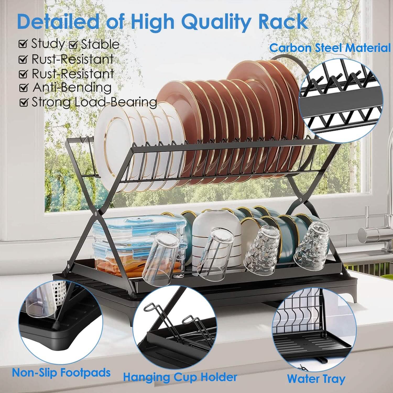 2-Tier Dish Drying Rack with Cup Holder and Drainboard