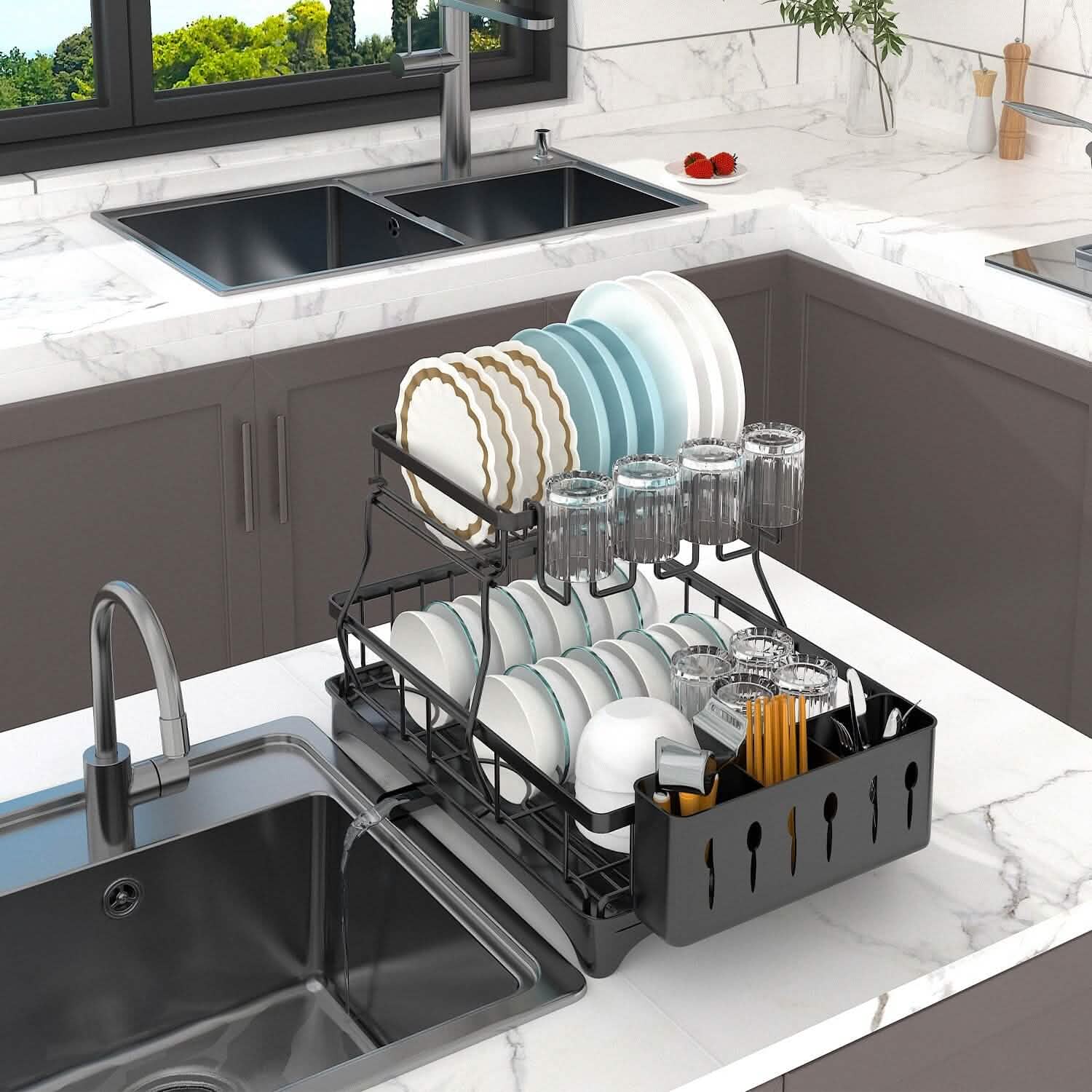 2-Tier Dish Rack Drainer Organizer Set with Utensil Cup Holder Rack Swivel Spout