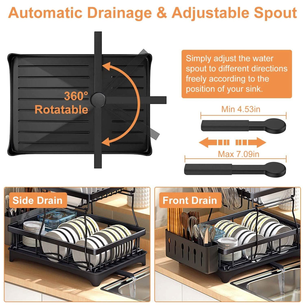 2-Tier Dish Rack Drainer Organizer Set with Utensil Cup Holder Rack Swivel Spout