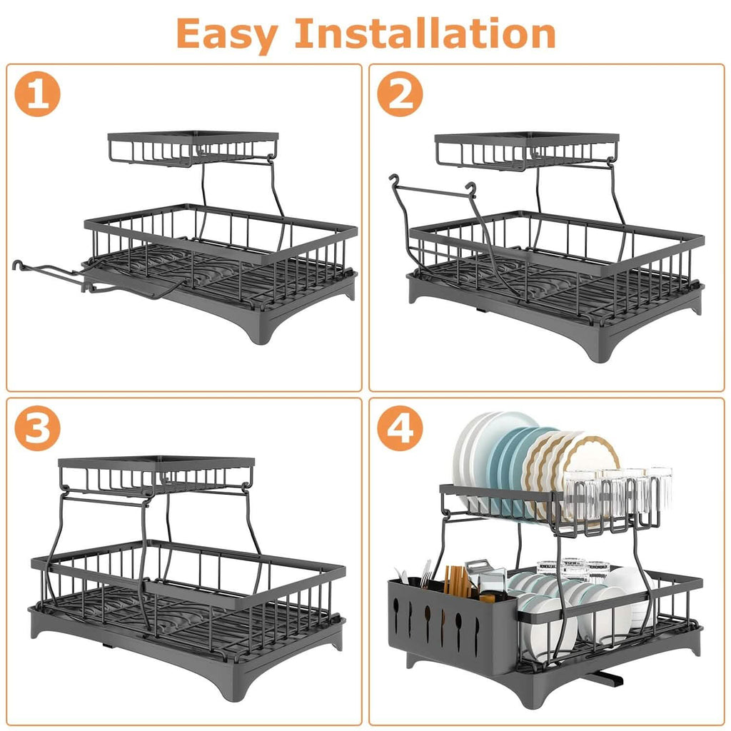 2-Tier Dish Rack Drainer Organizer Set with Utensil Cup Holder Rack Swivel Spout