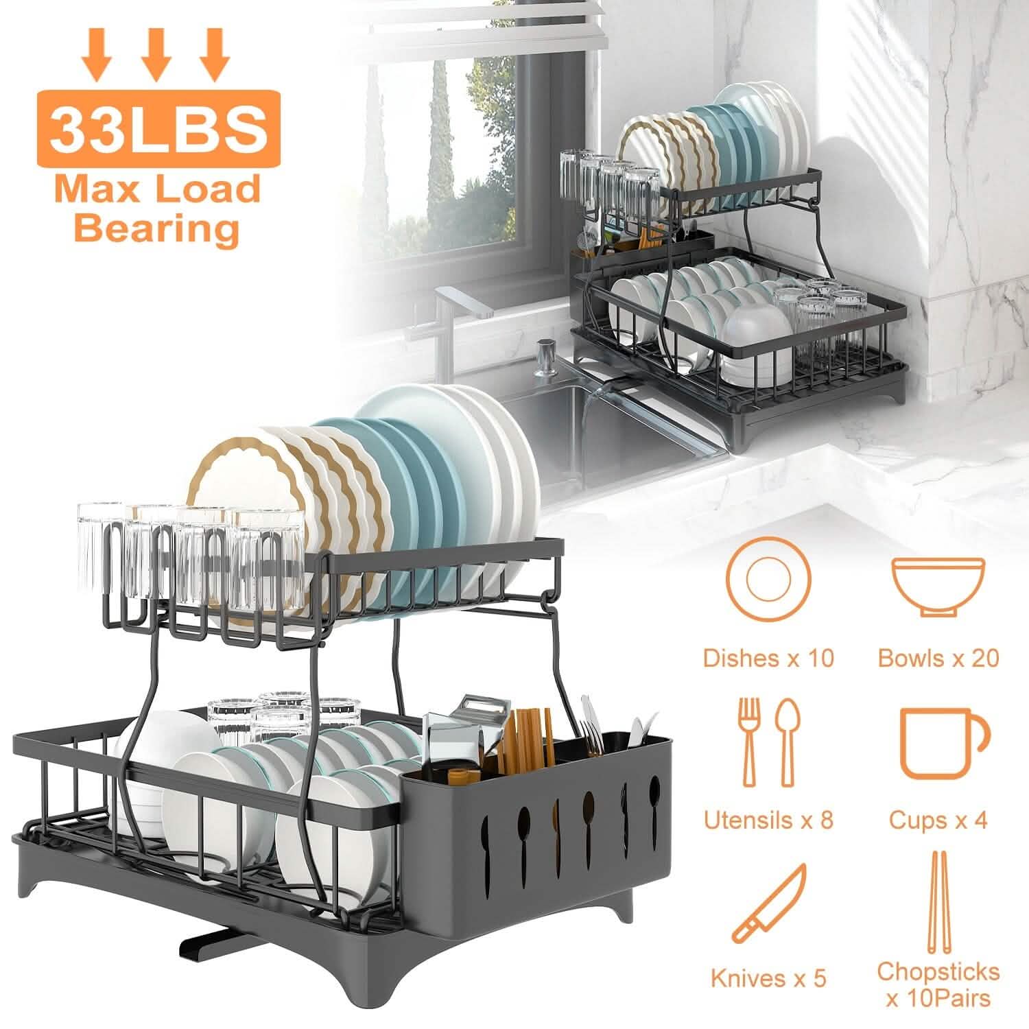 2-Tier Dish Rack Drainer Organizer Set with Utensil Cup Holder Rack Swivel Spout
