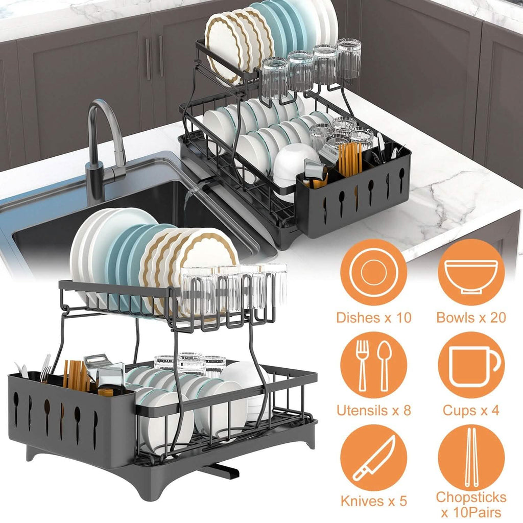 2-Tier Dish Rack Drainer Organizer Set with Utensil Cup Holder Rack Swivel Spout