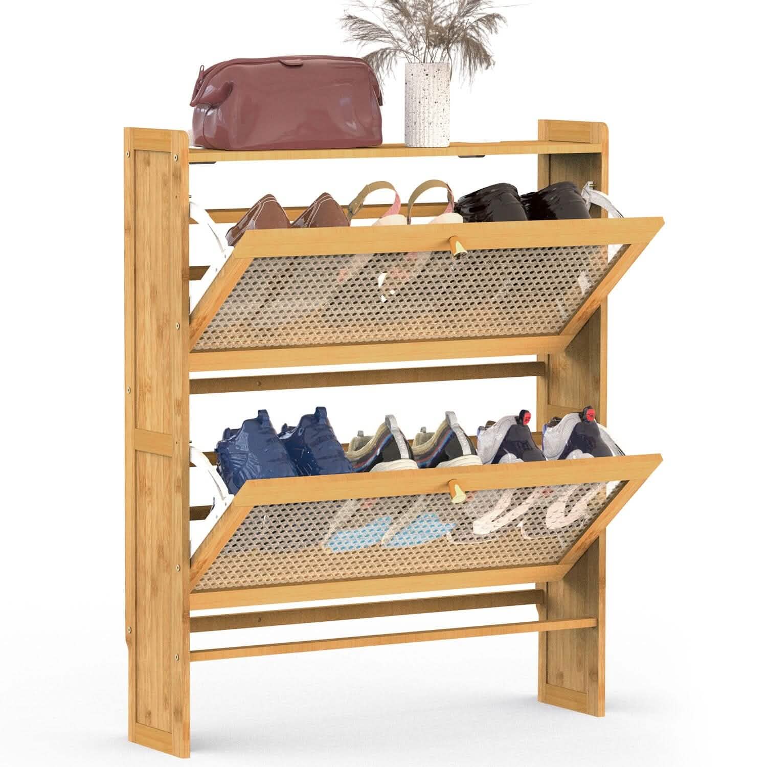 Meuble à chaussures 2 niveaux avec 2 tiroirs basculants Meuble à chaussures étroit en bambou