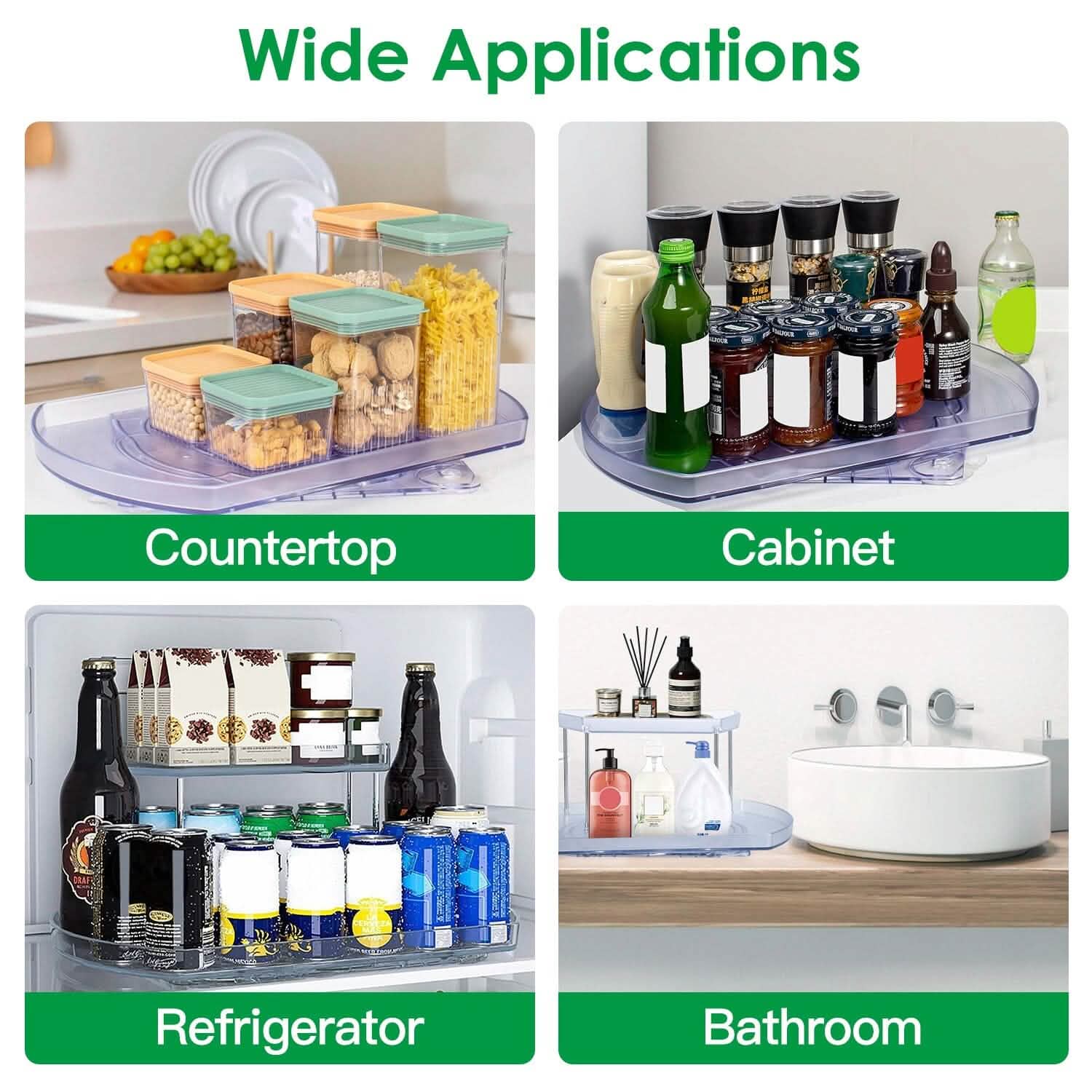 2-Tier Turntable Organizer Rectangular Refrigerator Spinner Storage Rack with 360° Rotatable Slide Rail