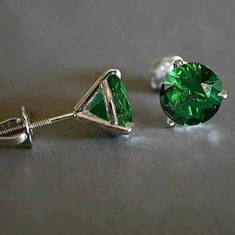 Clous d'oreilles solitaires en émeraude naturelle taille ronde 2,00 carats en or blanc 14 carats