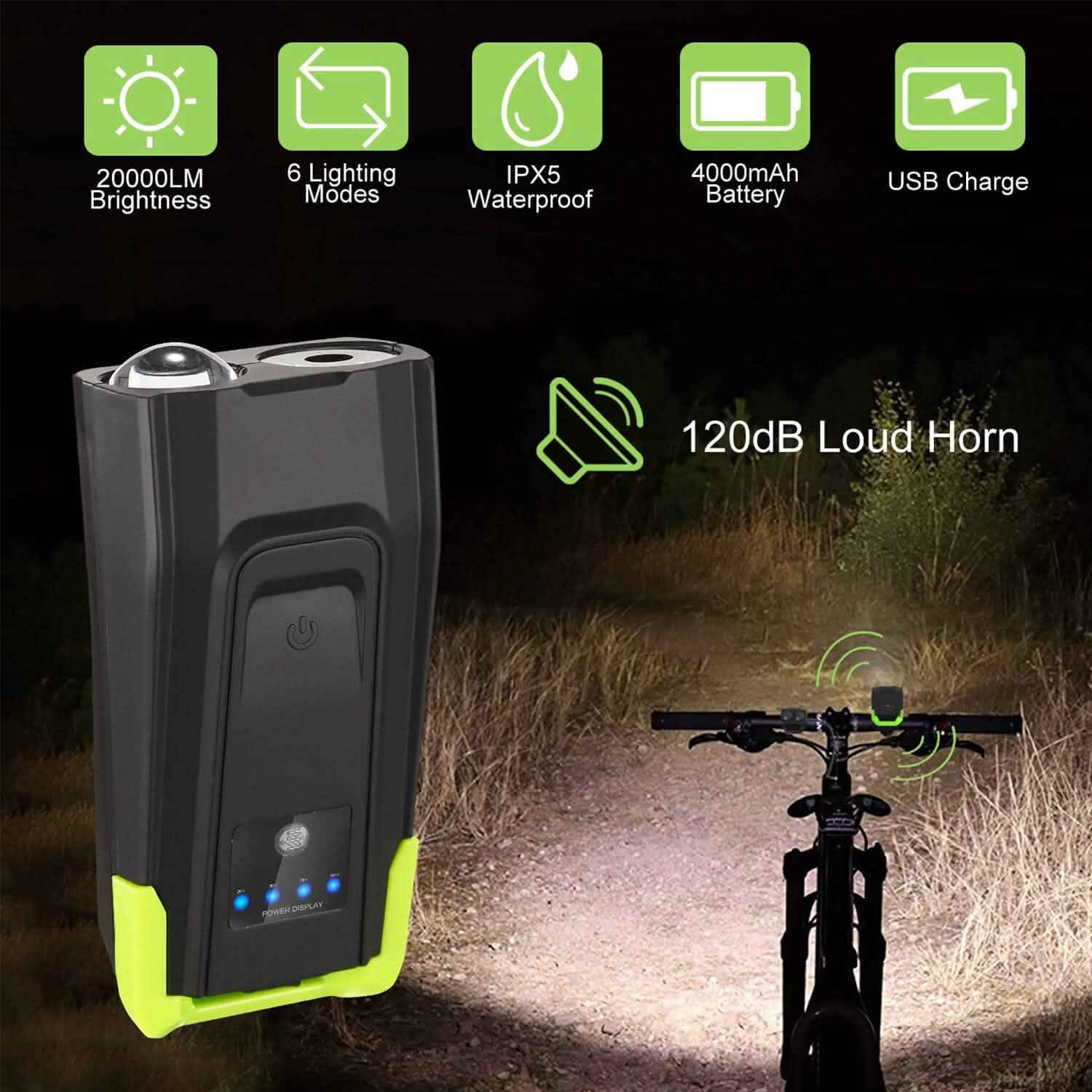 20000LM Bike Front Light with 120dB Loud Horn