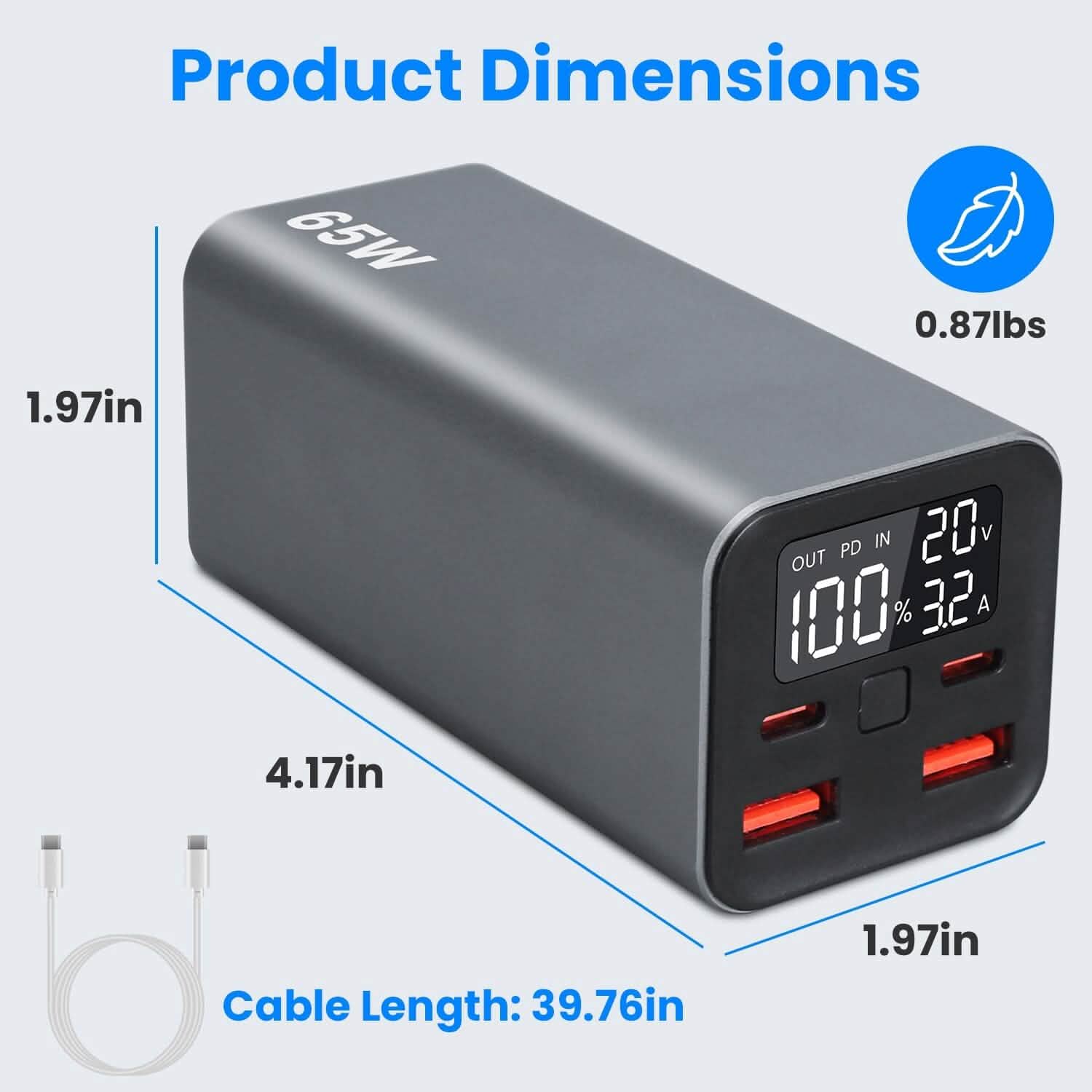 20000mAh 65W USB-C PD ノートパソコン用パワーバンク 急速充電対応