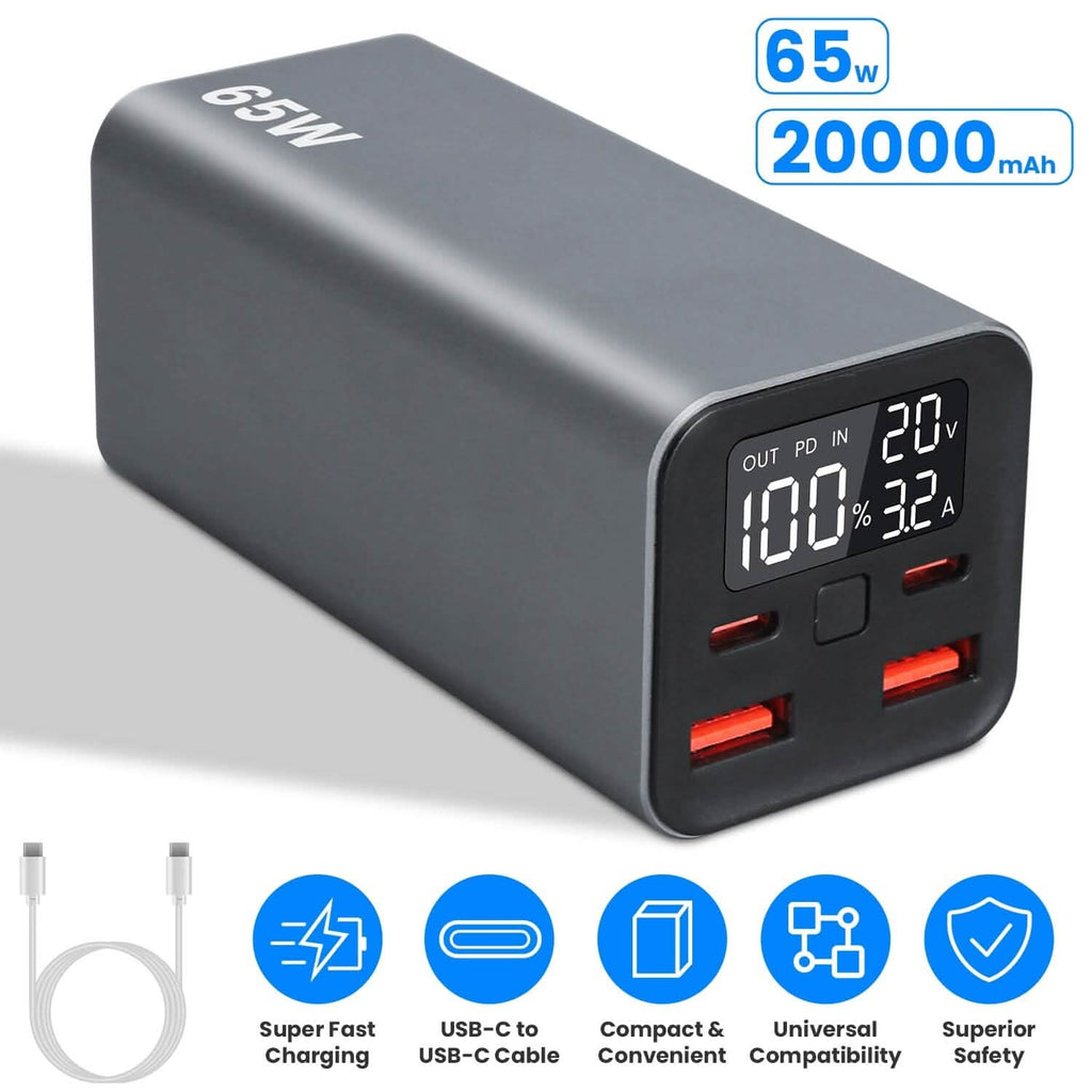 20000mAh 65W USB-C PD ノートパソコン用パワーバンク 急速充電対応