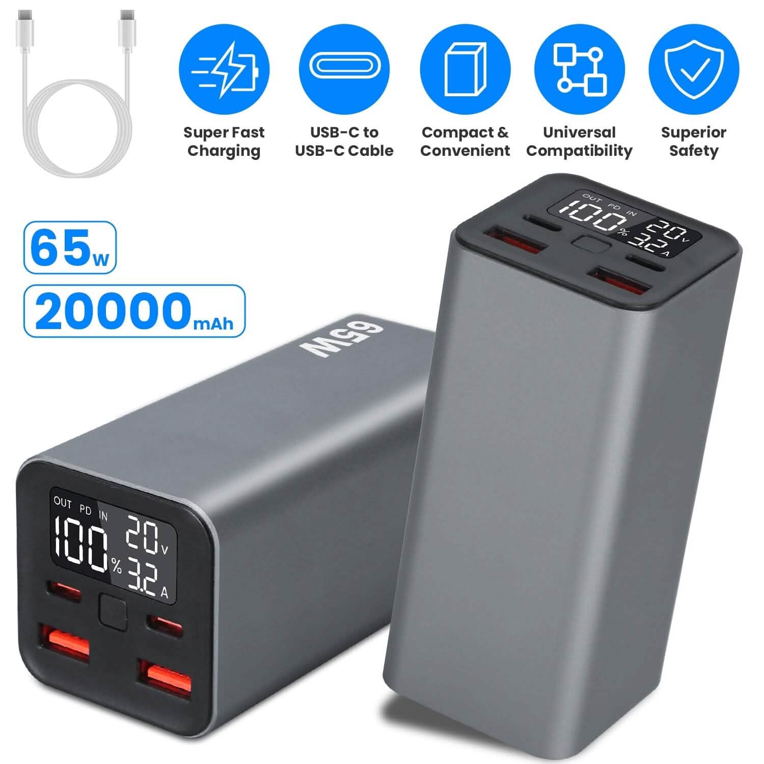 20000mAh 65W USB-C PD ノートパソコン用パワーバンク 急速充電対応