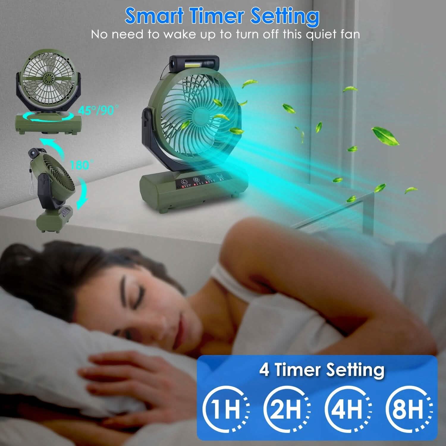 Ventilateur de camping oscillant rechargeable 20000 mAh avec lampe de poche, crochet de suspension et télécommande