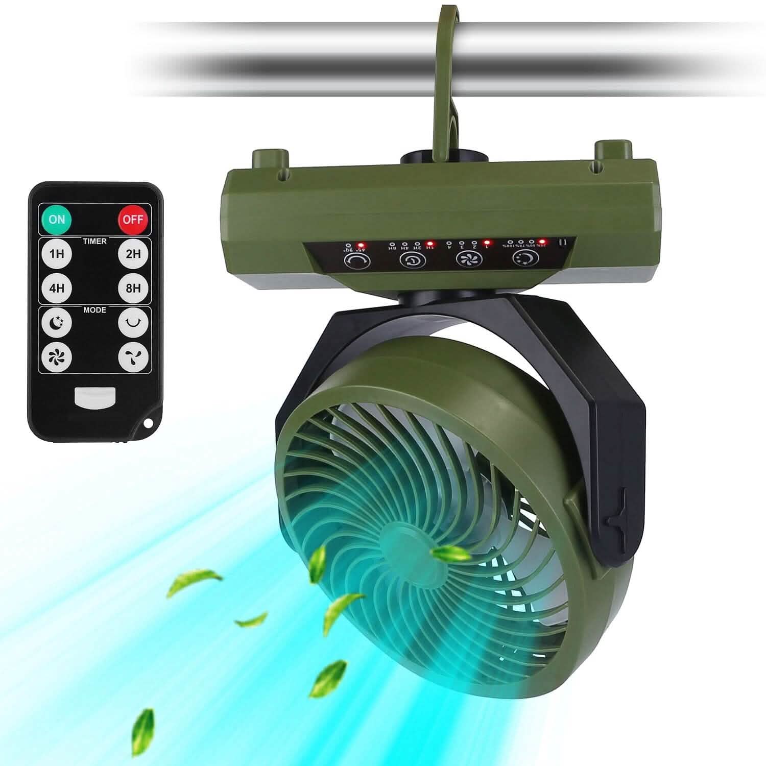 Ventilateur de camping oscillant rechargeable 20000 mAh avec lampe de poche, crochet de suspension et télécommande