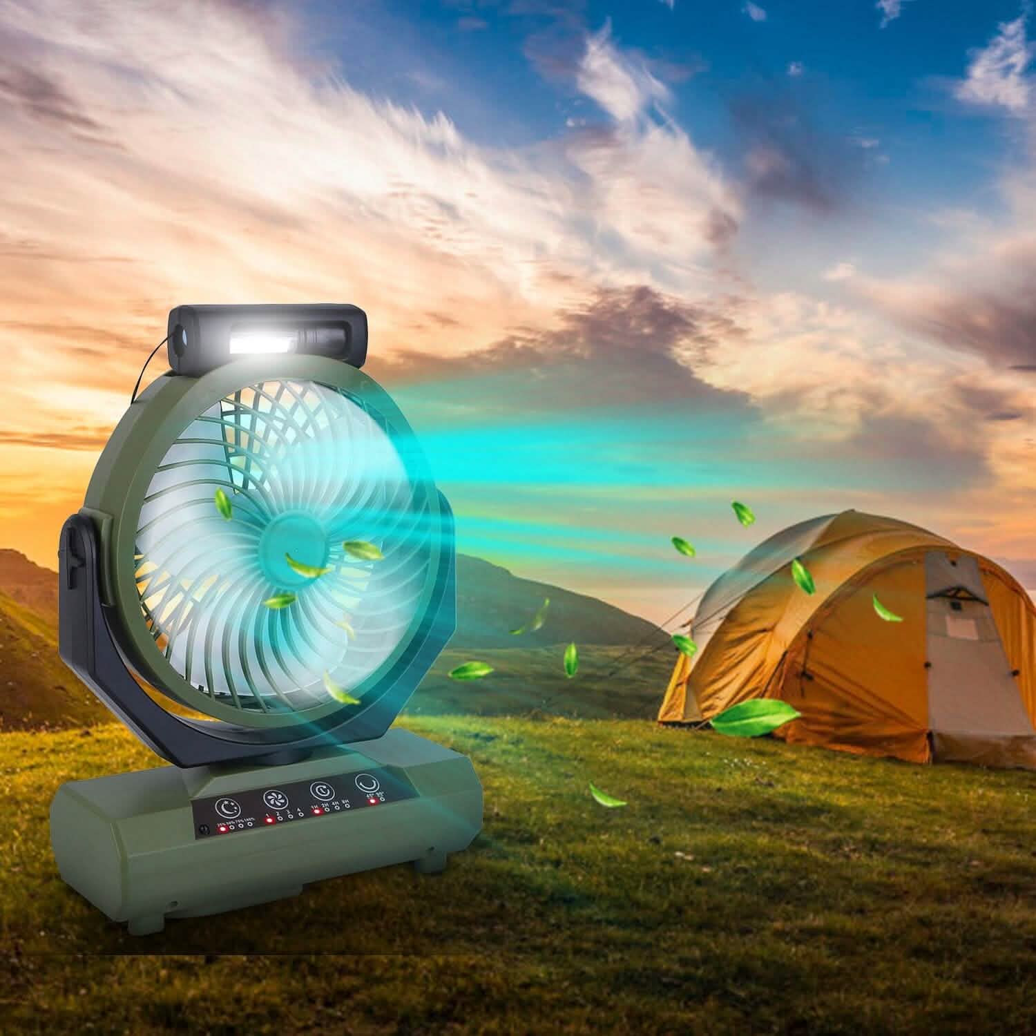 Ventilateur de camping oscillant rechargeable 20000 mAh avec lampe de poche, crochet de suspension et télécommande