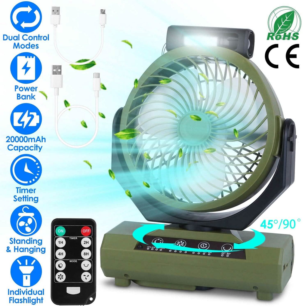 Ventilateur de camping oscillant rechargeable 20000 mAh avec lampe de poche, crochet de suspension et télécommande