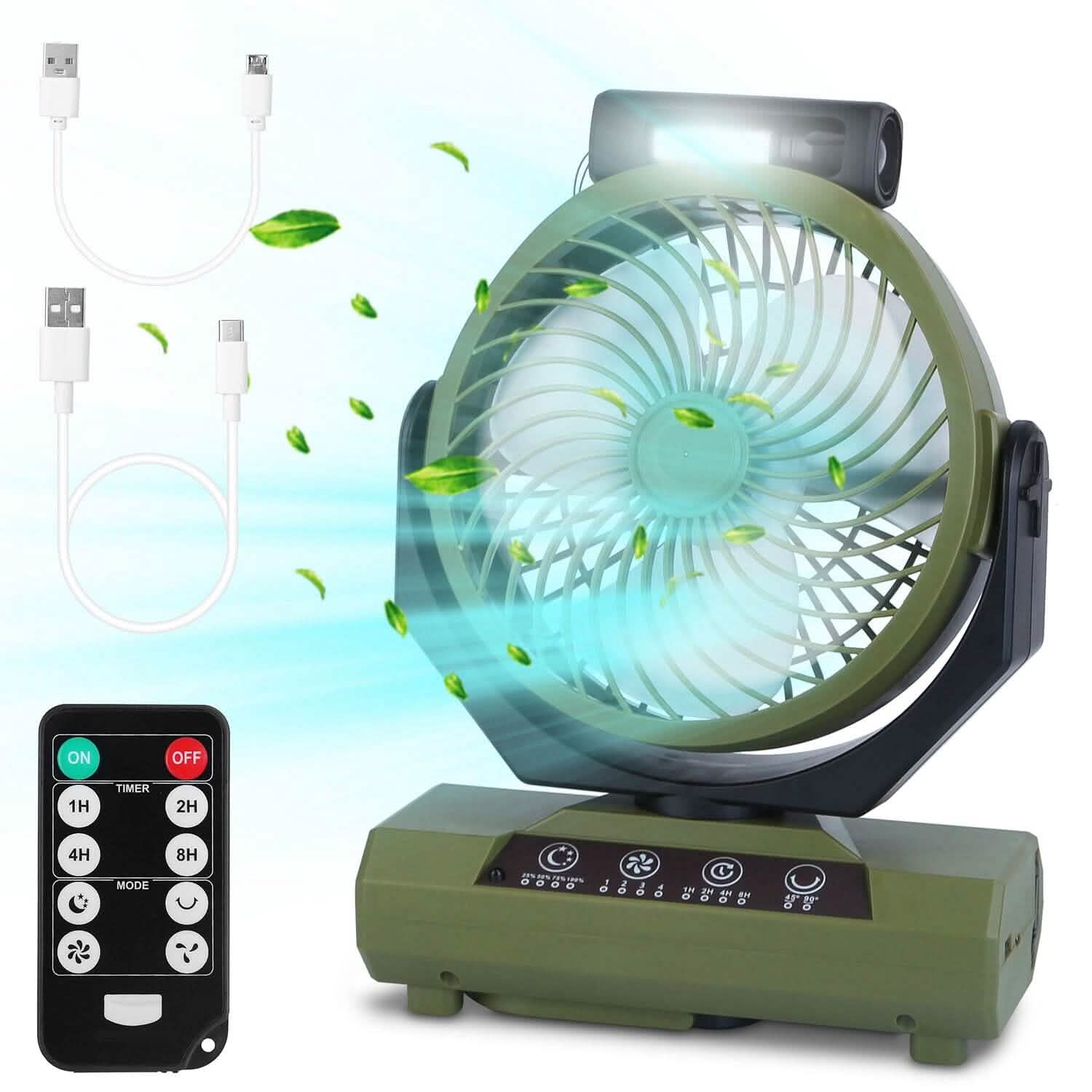 Ventilateur de camping oscillant rechargeable 20000 mAh avec lampe de poche, crochet de suspension et télécommande