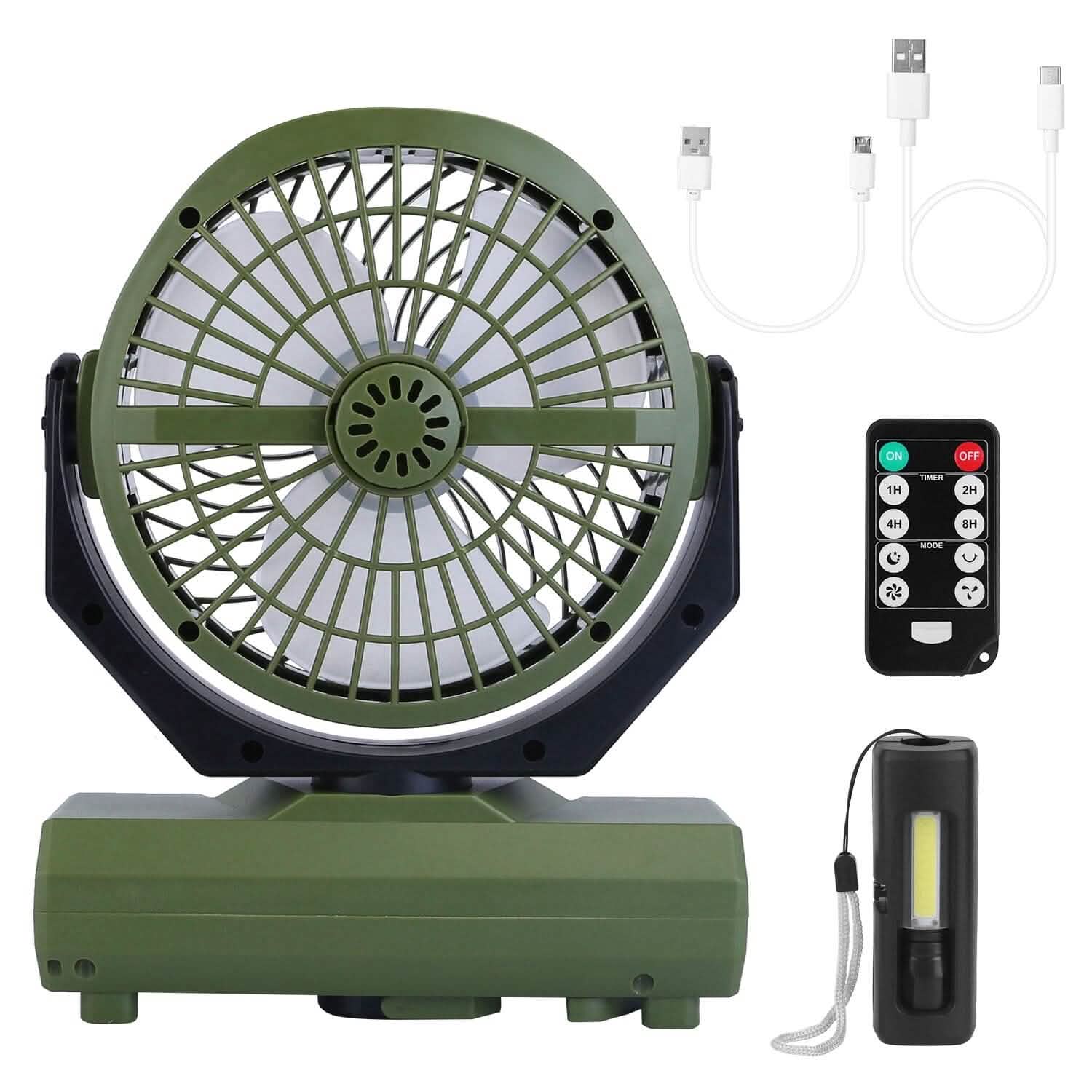 Ventilateur de camping oscillant rechargeable 20000 mAh avec lampe de poche, crochet de suspension et télécommande