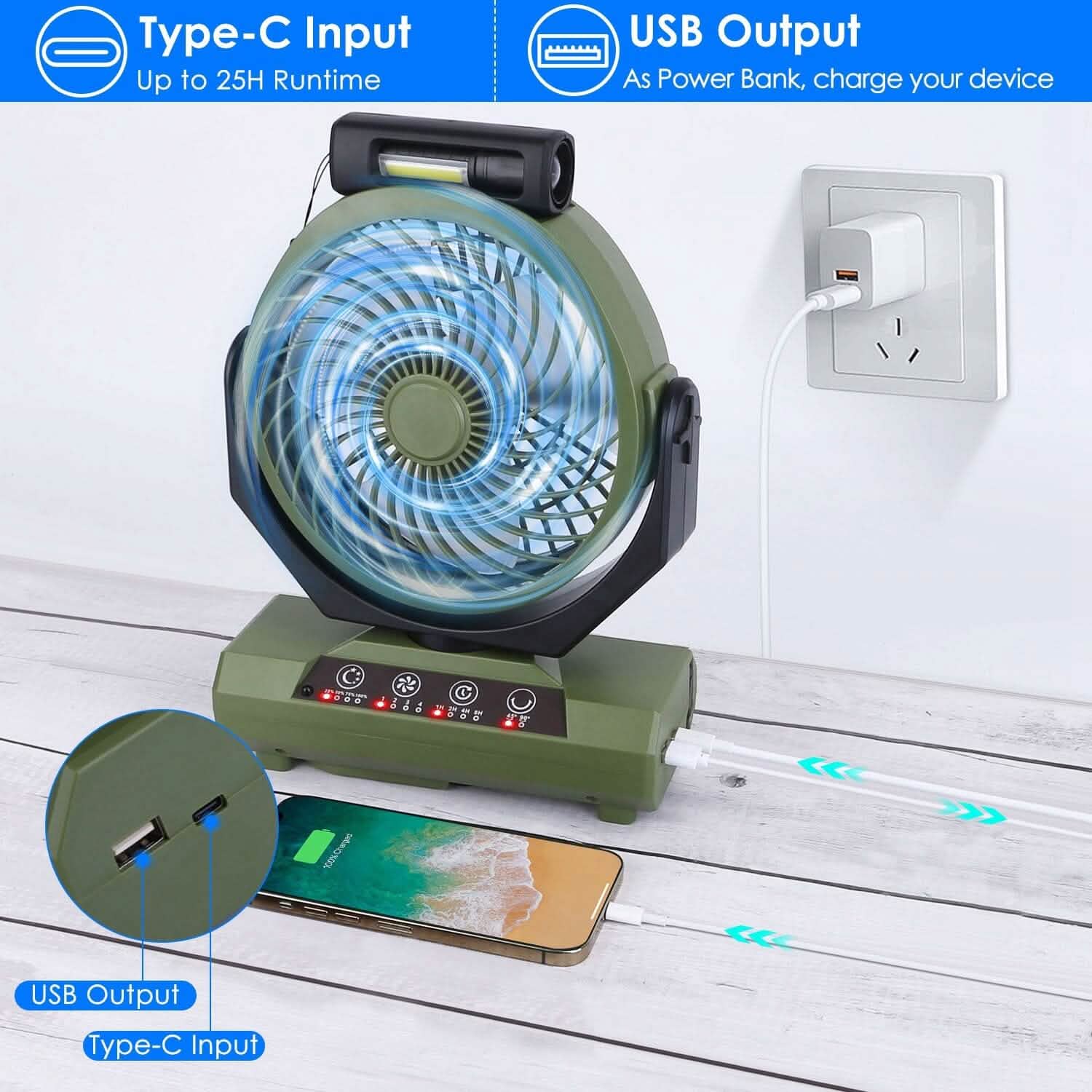 Ventilateur de camping oscillant rechargeable 20000 mAh avec lampe de poche, crochet de suspension et télécommande