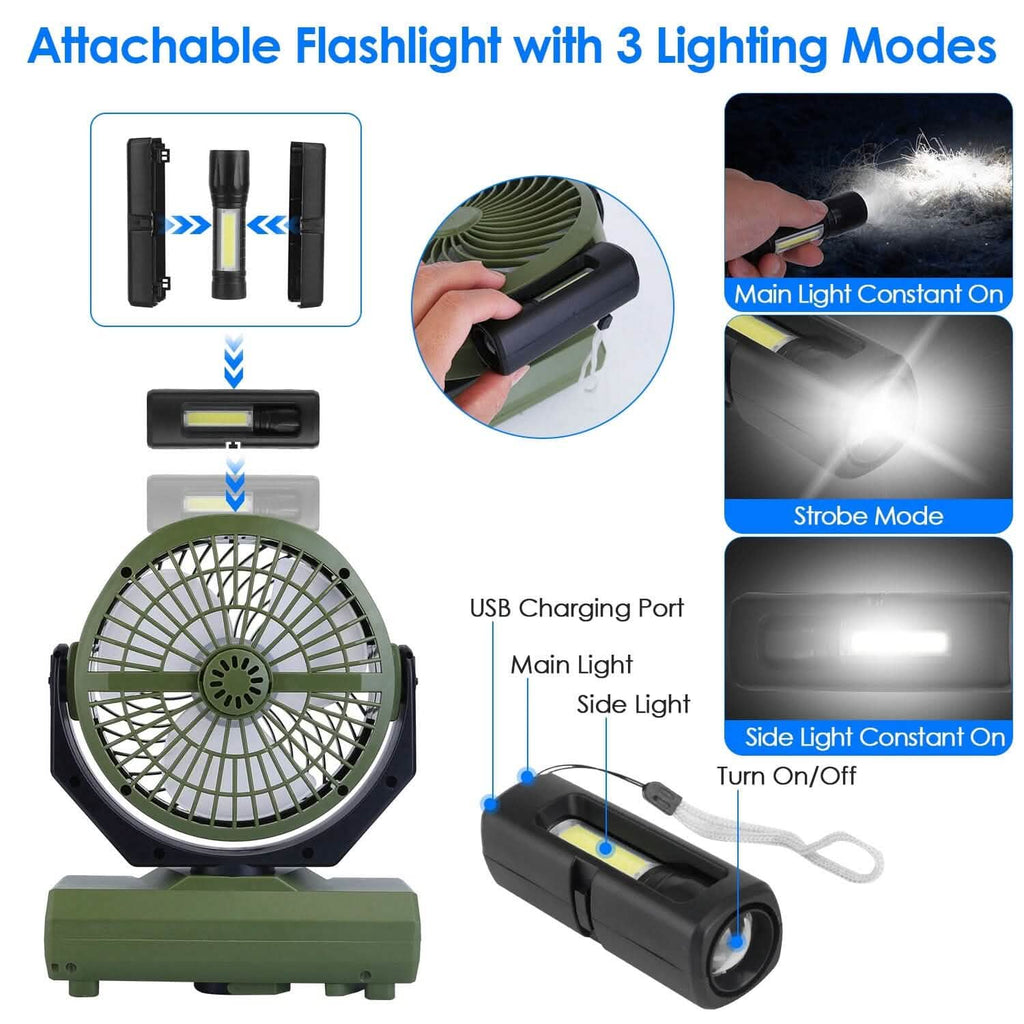 Ventilateur de camping oscillant rechargeable 20000 mAh avec lampe de poche, crochet de suspension et télécommande