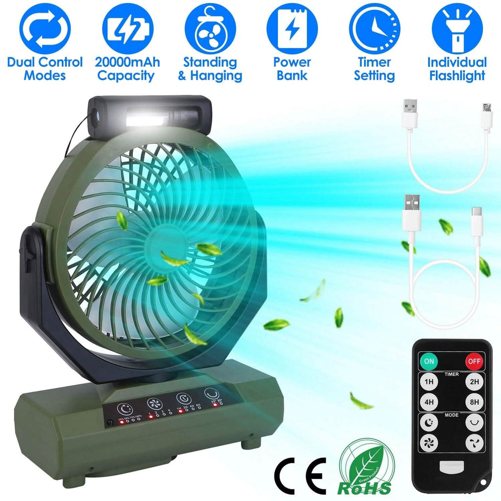 Ventilateur de camping oscillant rechargeable 20000 mAh avec lampe de poche, crochet de suspension et télécommande