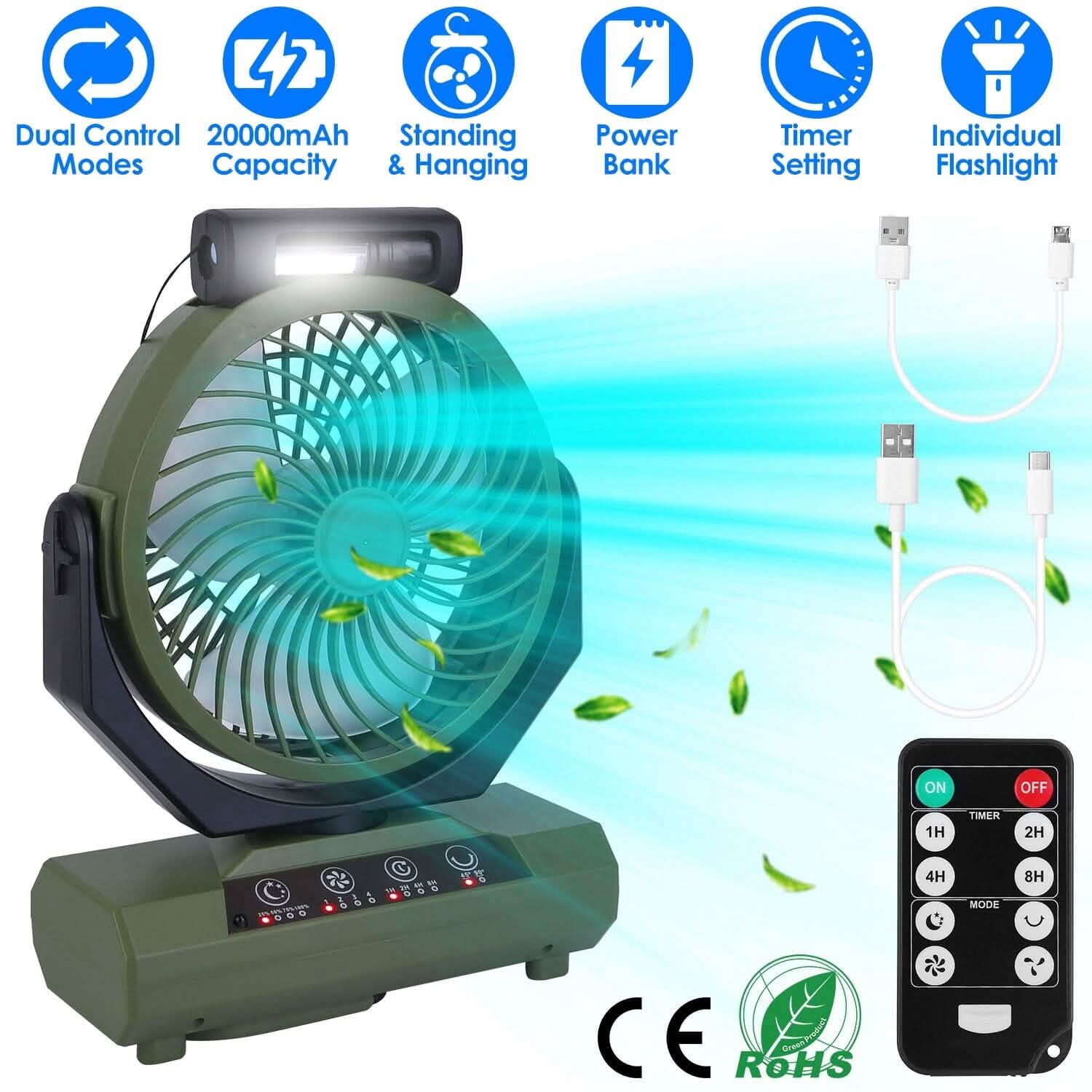 Ventilateur de camping oscillant rechargeable 20000 mAh avec lampe de poche, crochet de suspension et télécommande