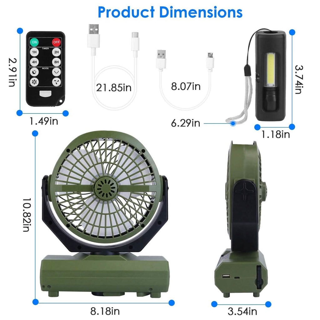 Ventilateur de camping oscillant rechargeable 20000 mAh avec lampe de poche, crochet de suspension et télécommande