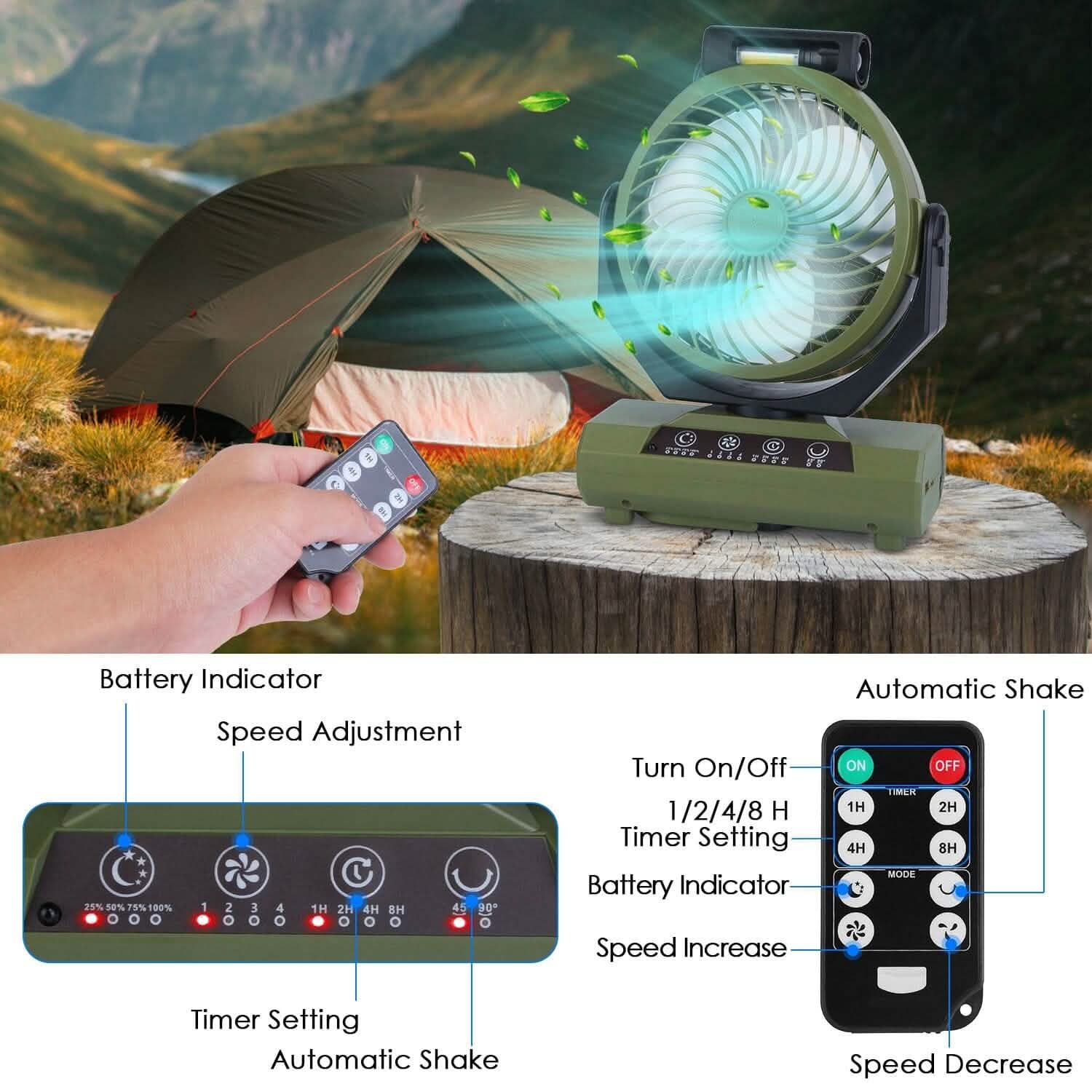 Ventilateur de camping oscillant rechargeable 20000 mAh avec lampe de poche, crochet de suspension et télécommande