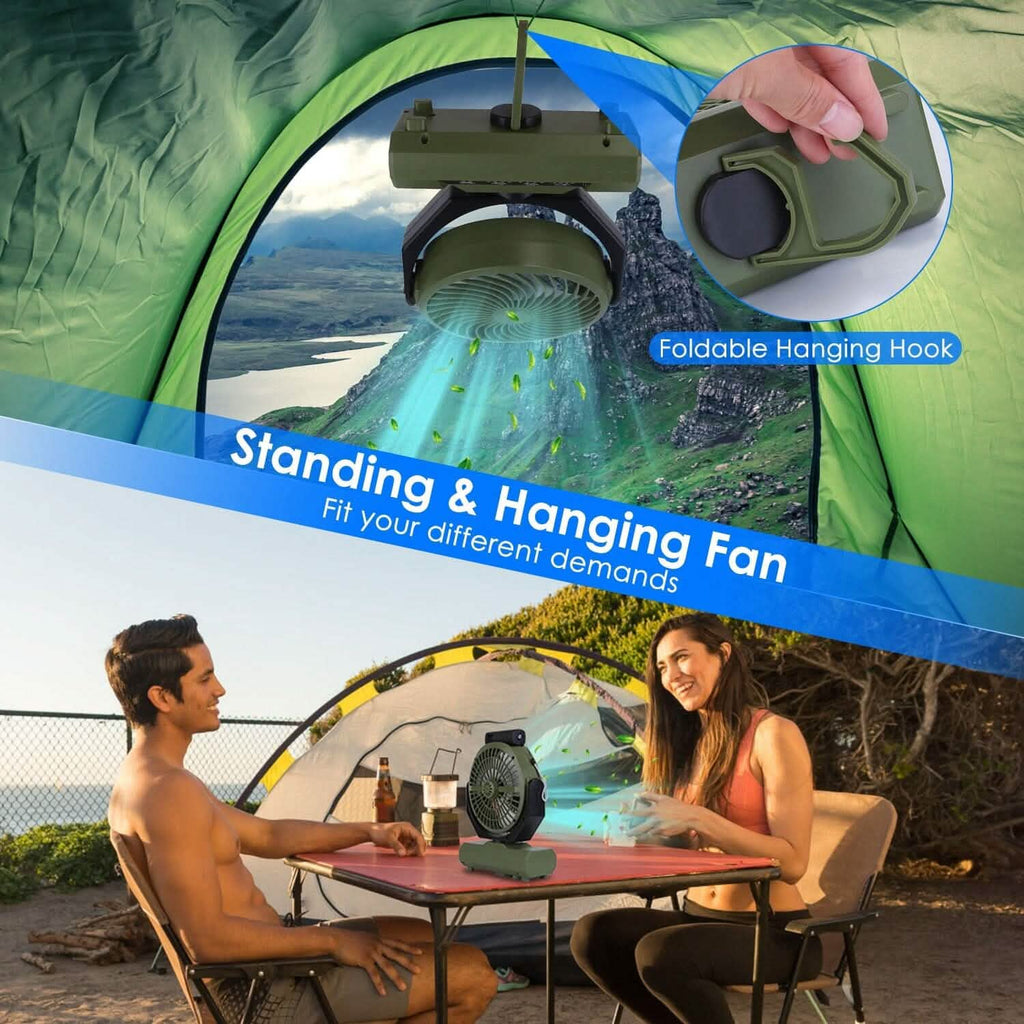 Ventilateur de camping oscillant rechargeable 20000 mAh avec lampe de poche, crochet de suspension et télécommande