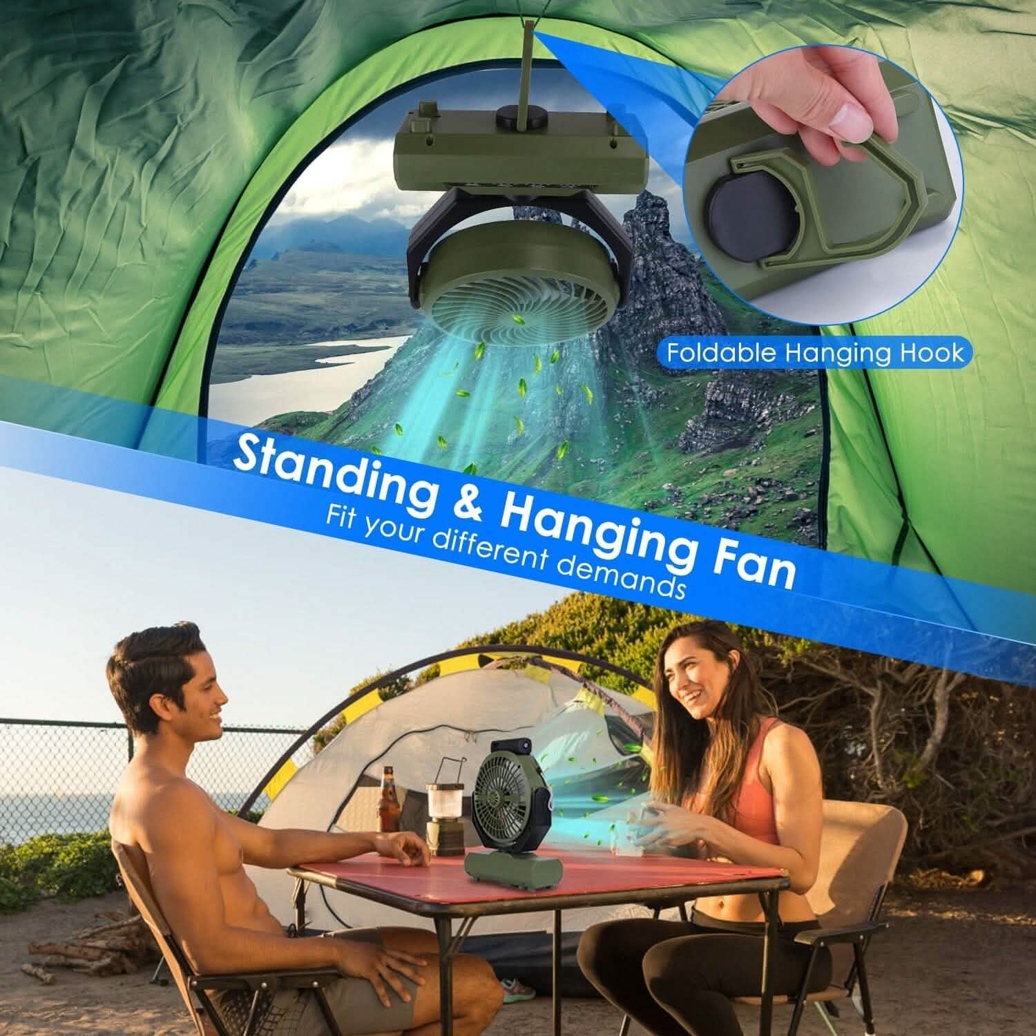 Ventilateur de camping oscillant rechargeable 20000 mAh avec lampe de poche, crochet de suspension et télécommande