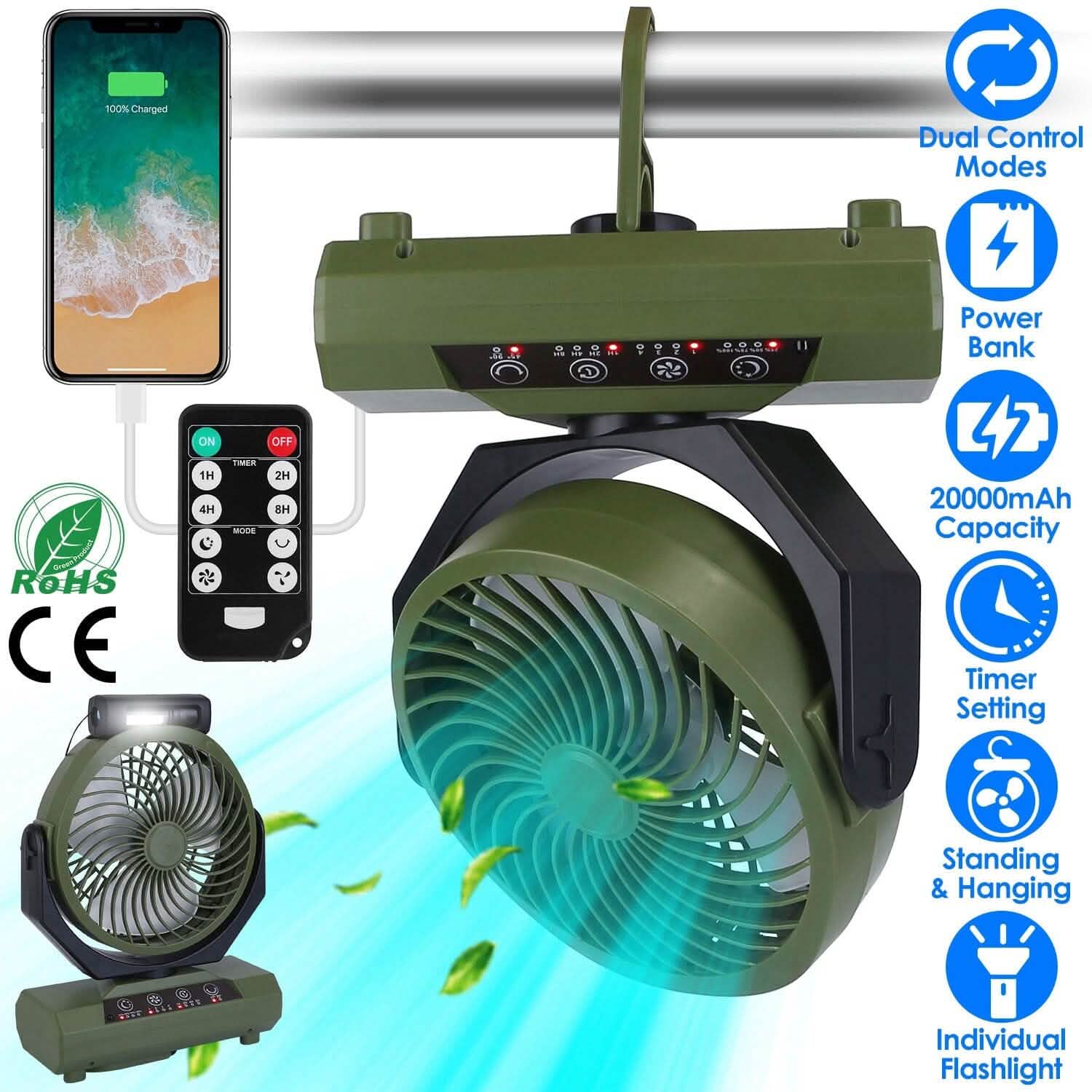 Ventilateur de camping oscillant rechargeable 20000 mAh avec lampe de poche, crochet de suspension et télécommande