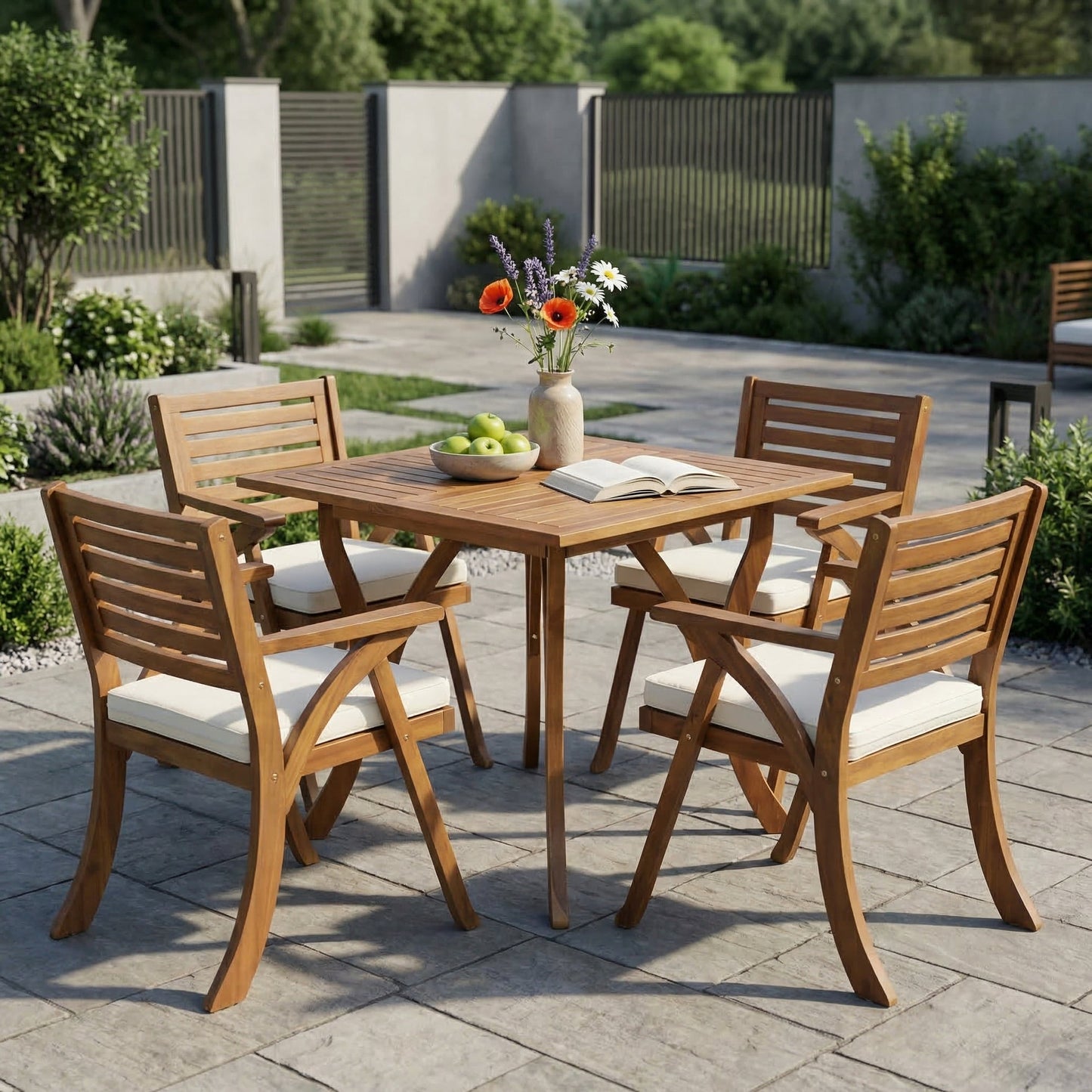 Outdoor Hermosa 5 Piece Wood Dining Set With Cushions