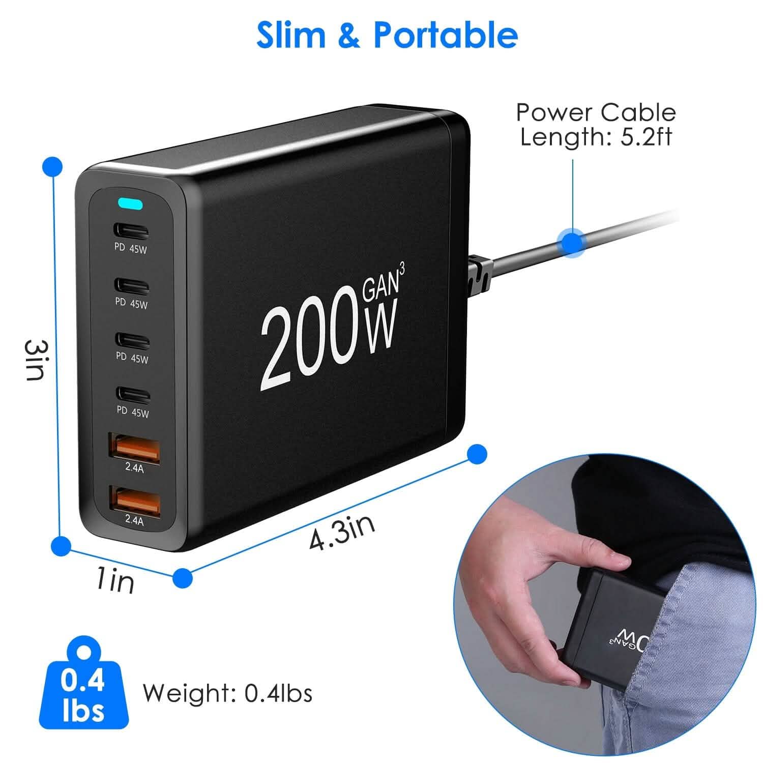 200W Fast Wall Charger with 6 Charging Ports Desktop USB Charging Station