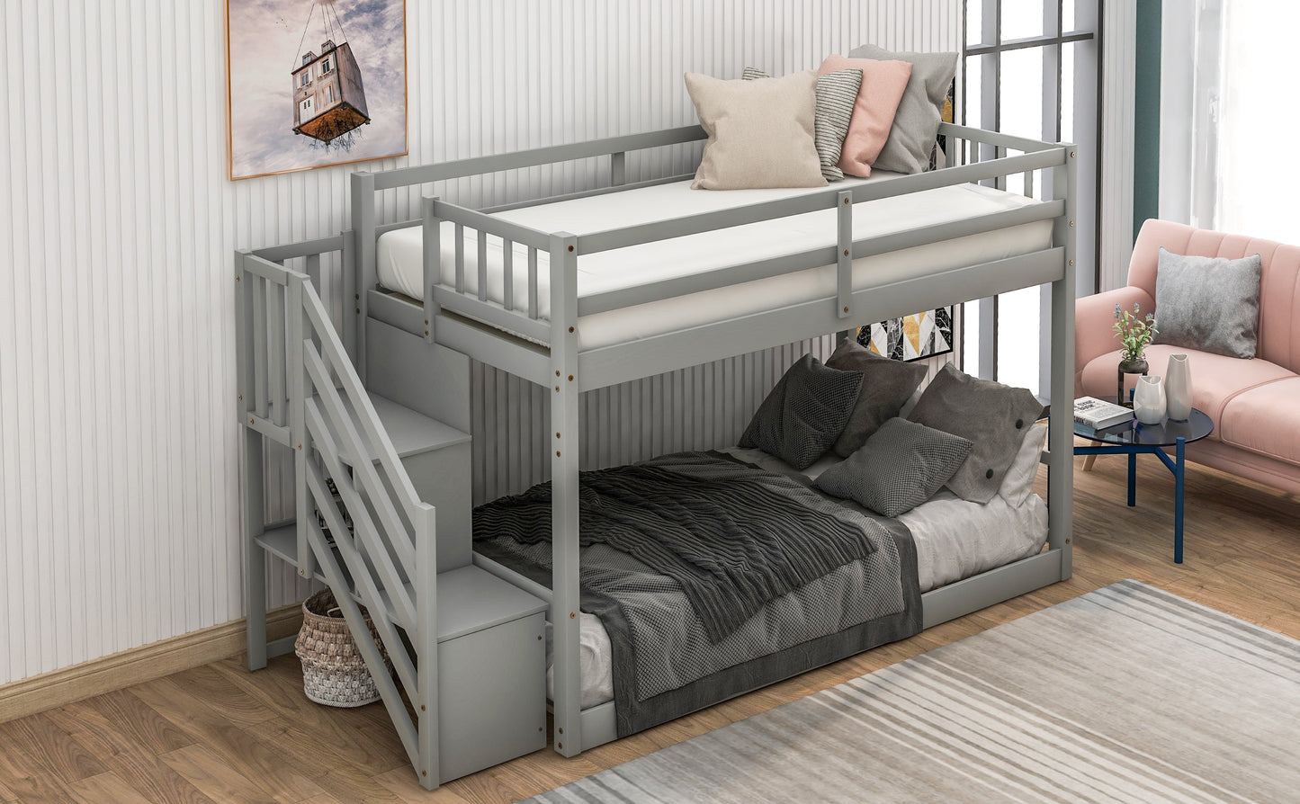 Twin Over Twin Floor Bunk Bed, Ladder with Storage