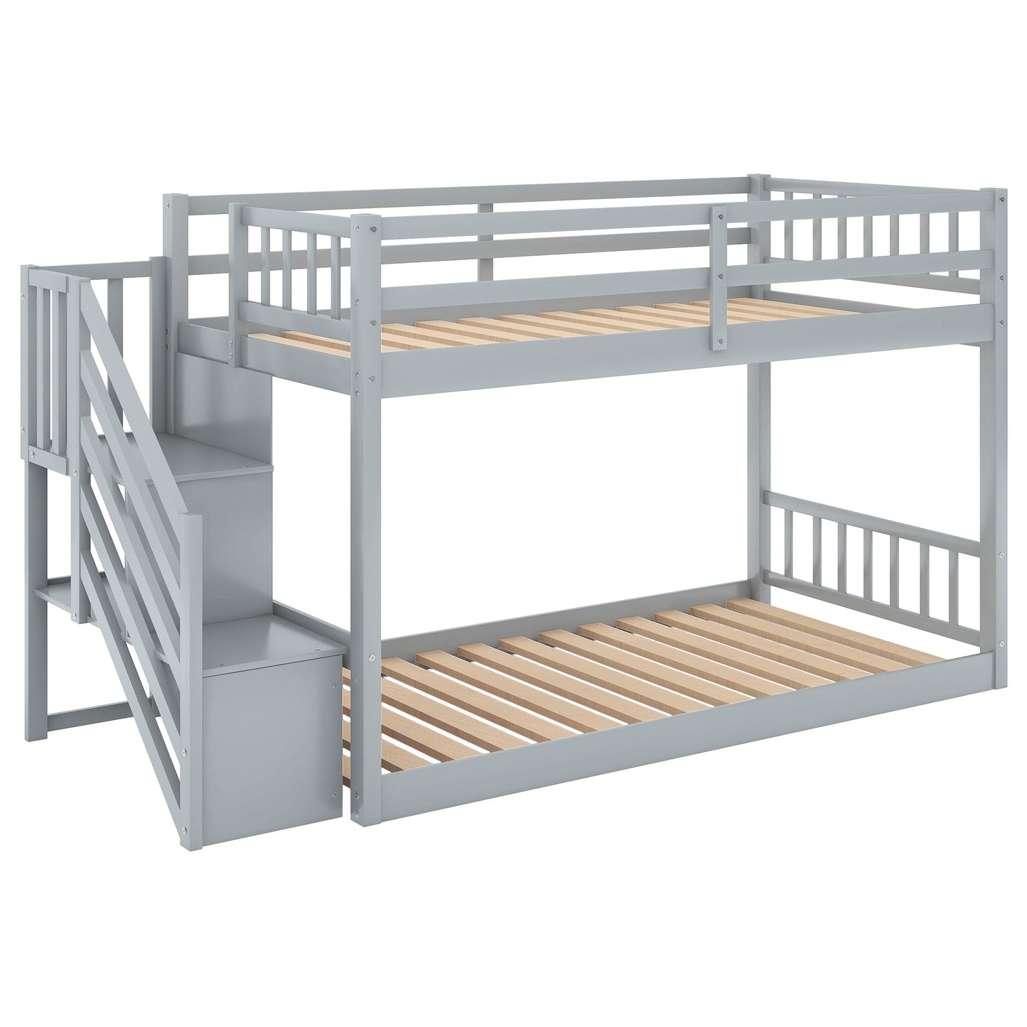 Twin Over Twin Floor Bunk Bed, Ladder with Storage