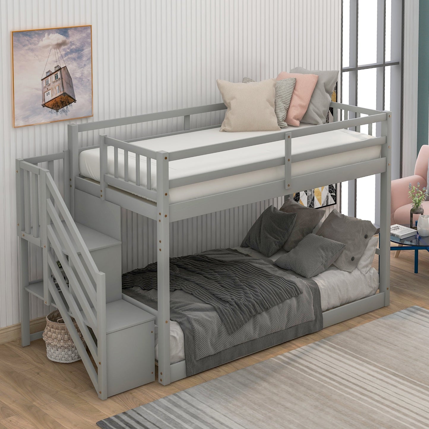 Twin Over Twin Floor Bunk Bed, Ladder with Storage
