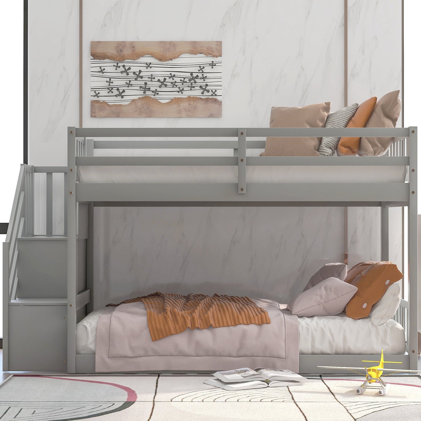 Twin Over Twin Floor Bunk Bed, Ladder with Storage