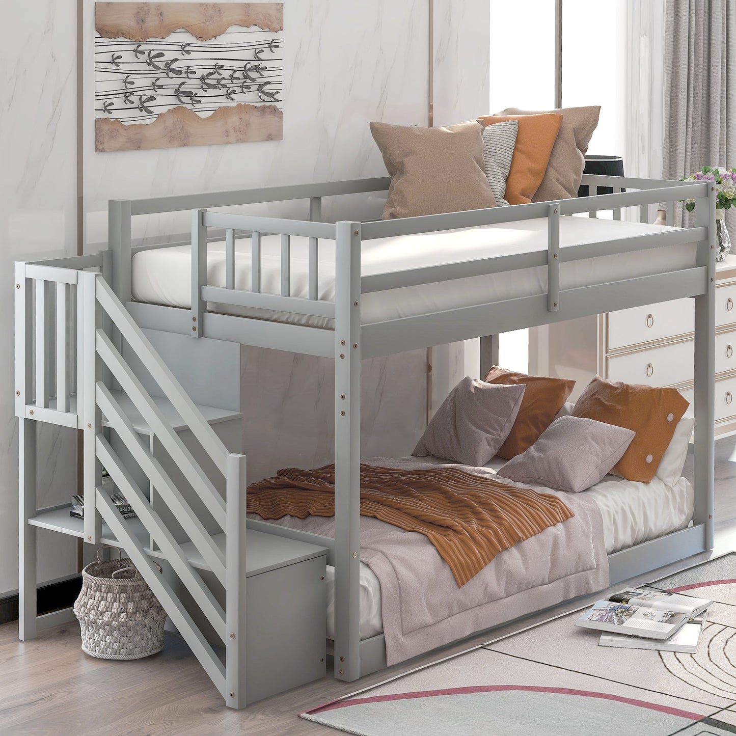 Twin Over Twin Floor Bunk Bed, Ladder with Storage