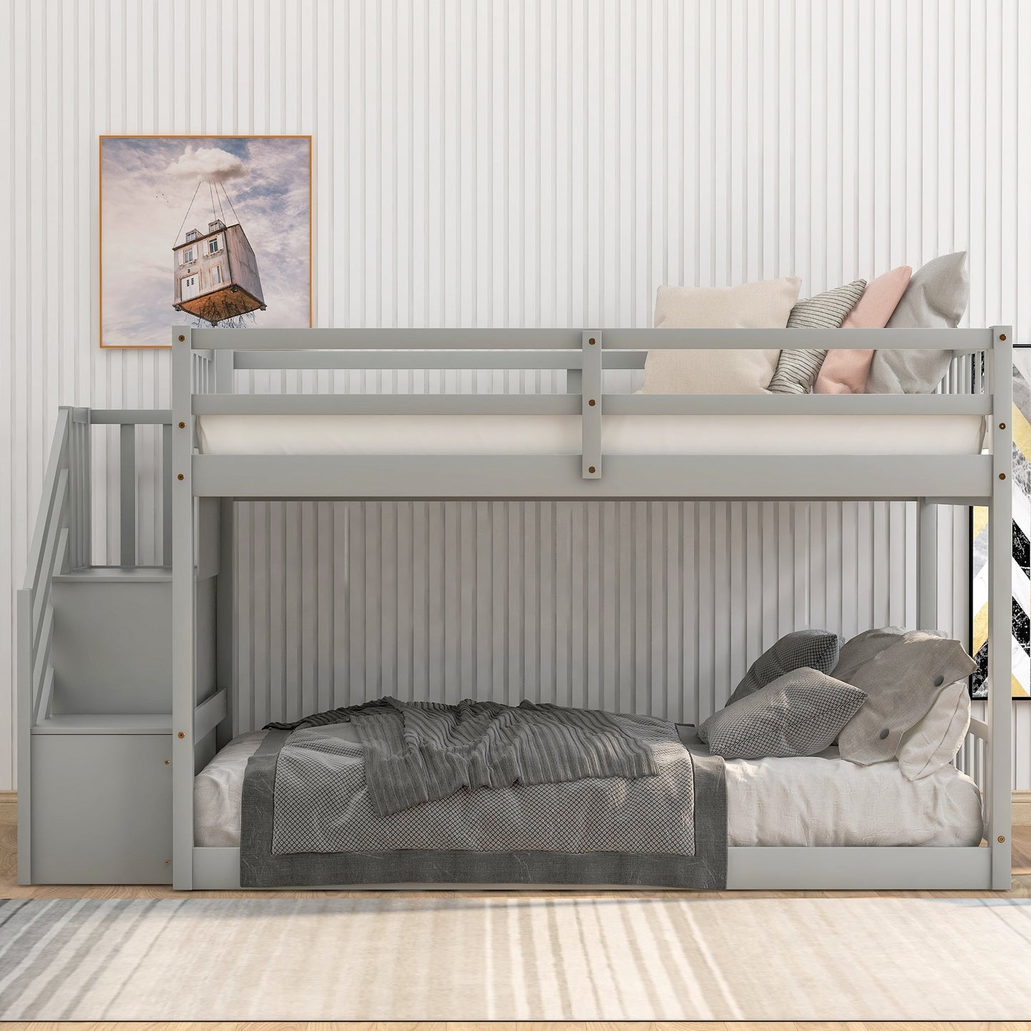 Twin Over Twin Floor Bunk Bed, Ladder with Storage