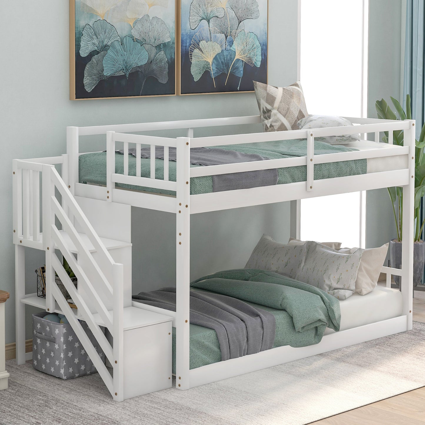Twin Over Twin Floor Bunk Bed, Ladder with Storage