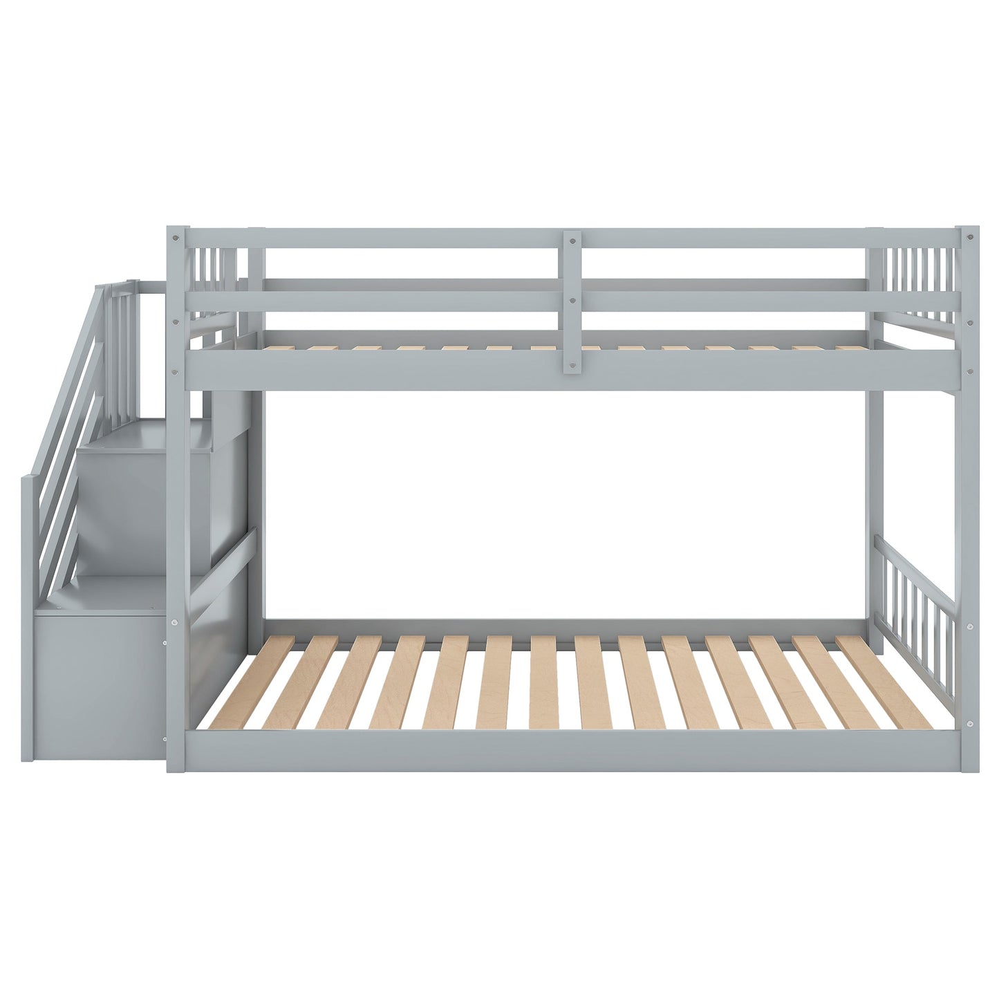 Twin Over Twin Floor Bunk Bed, Ladder with Storage