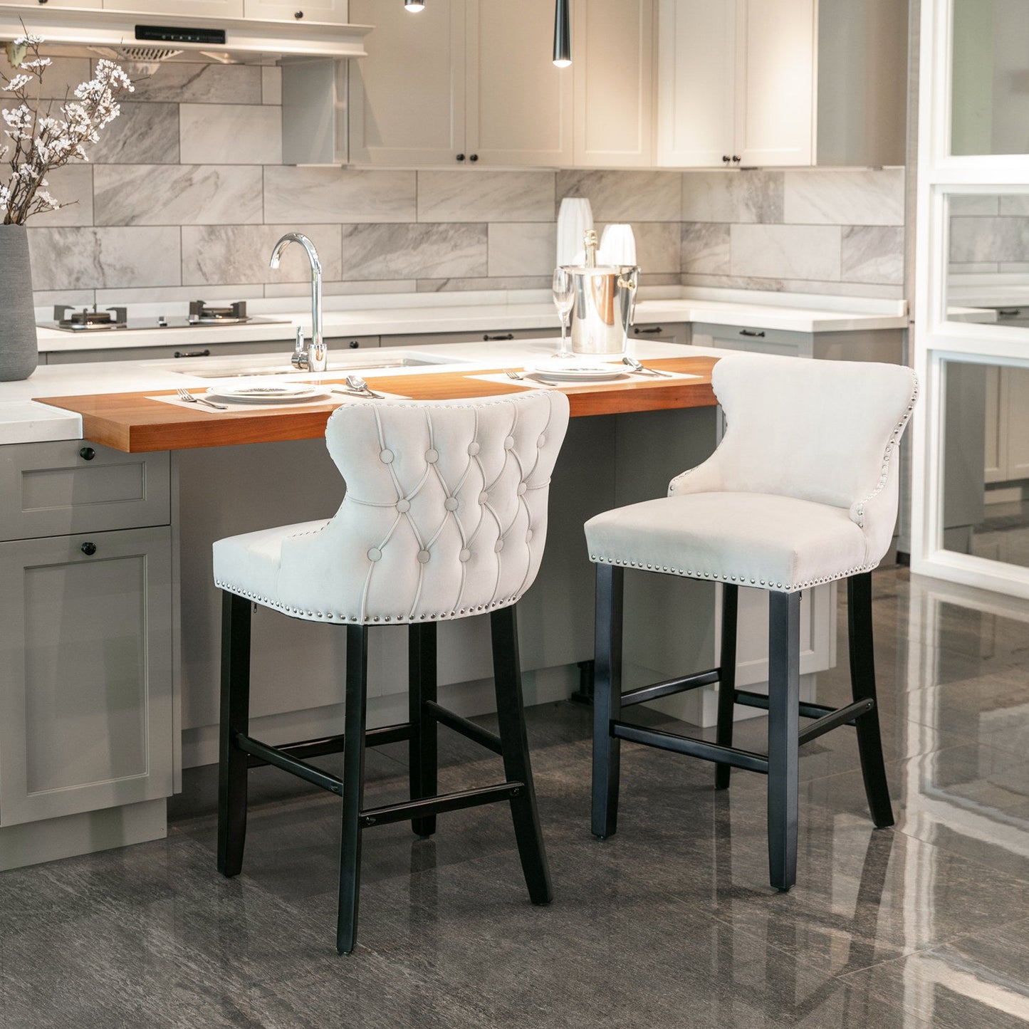 Contemporary Velvet Upholstered Wing-Back Barstools