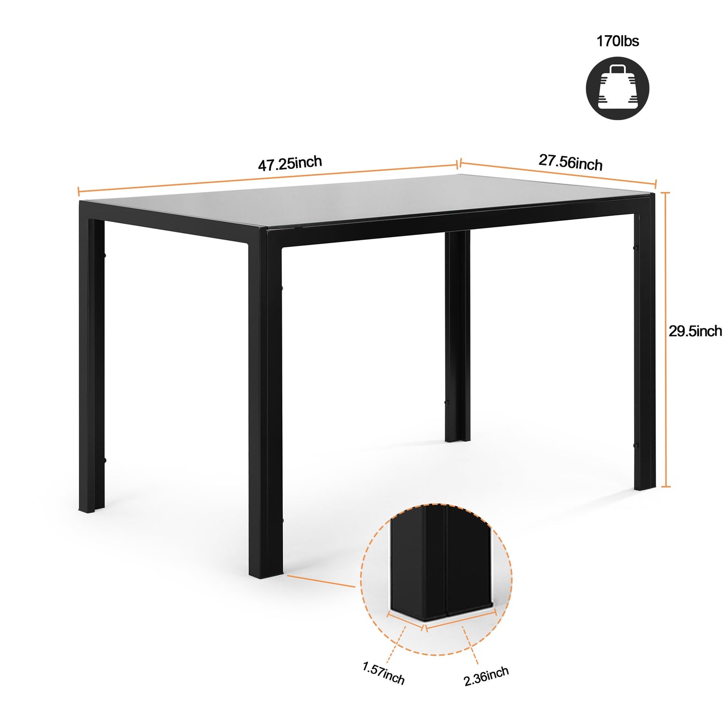 47.25 Inch 4-Seater Tempered Glass Dining Table