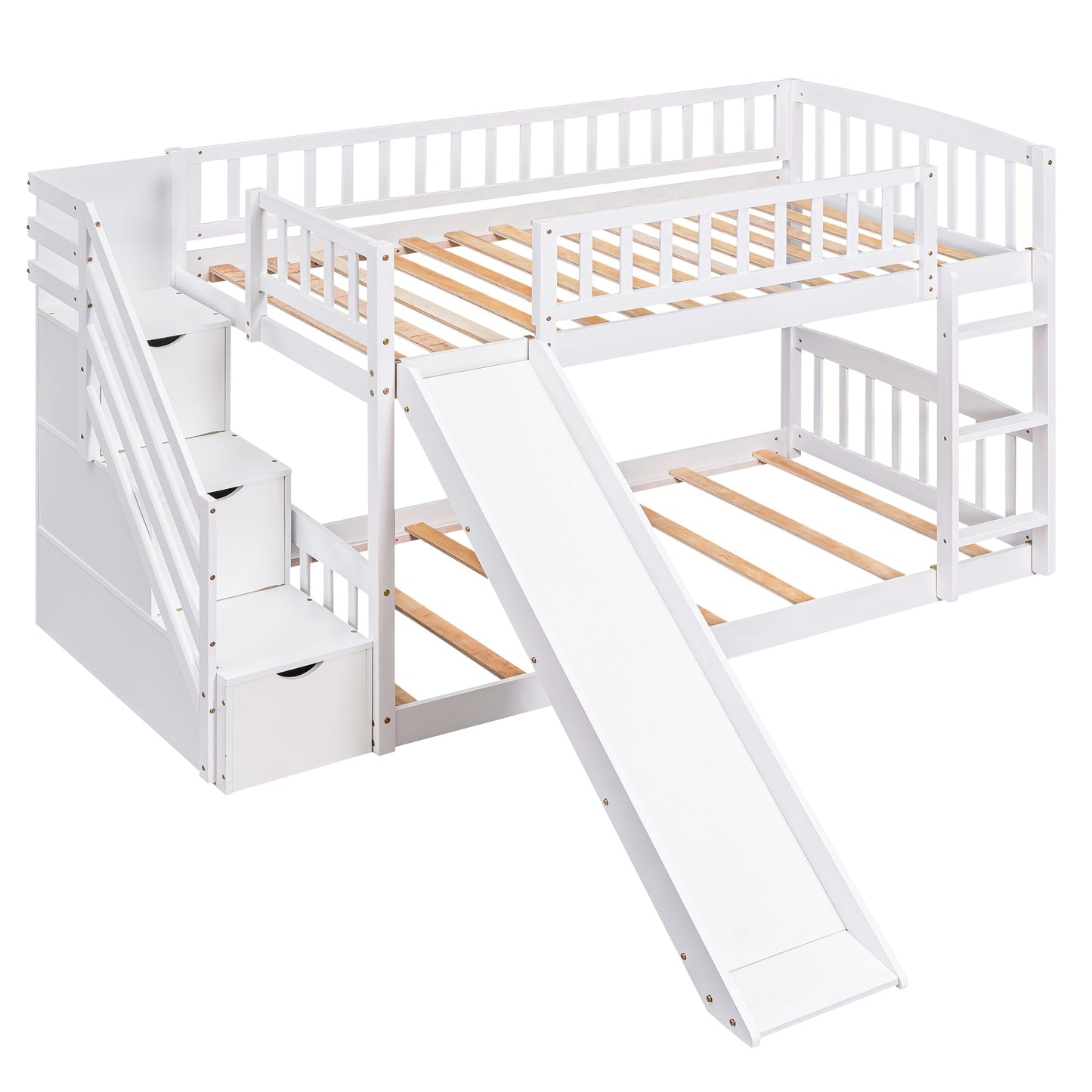 Stairway Twin Over Twin Bunk Bed with Two Drawers and Slide - White