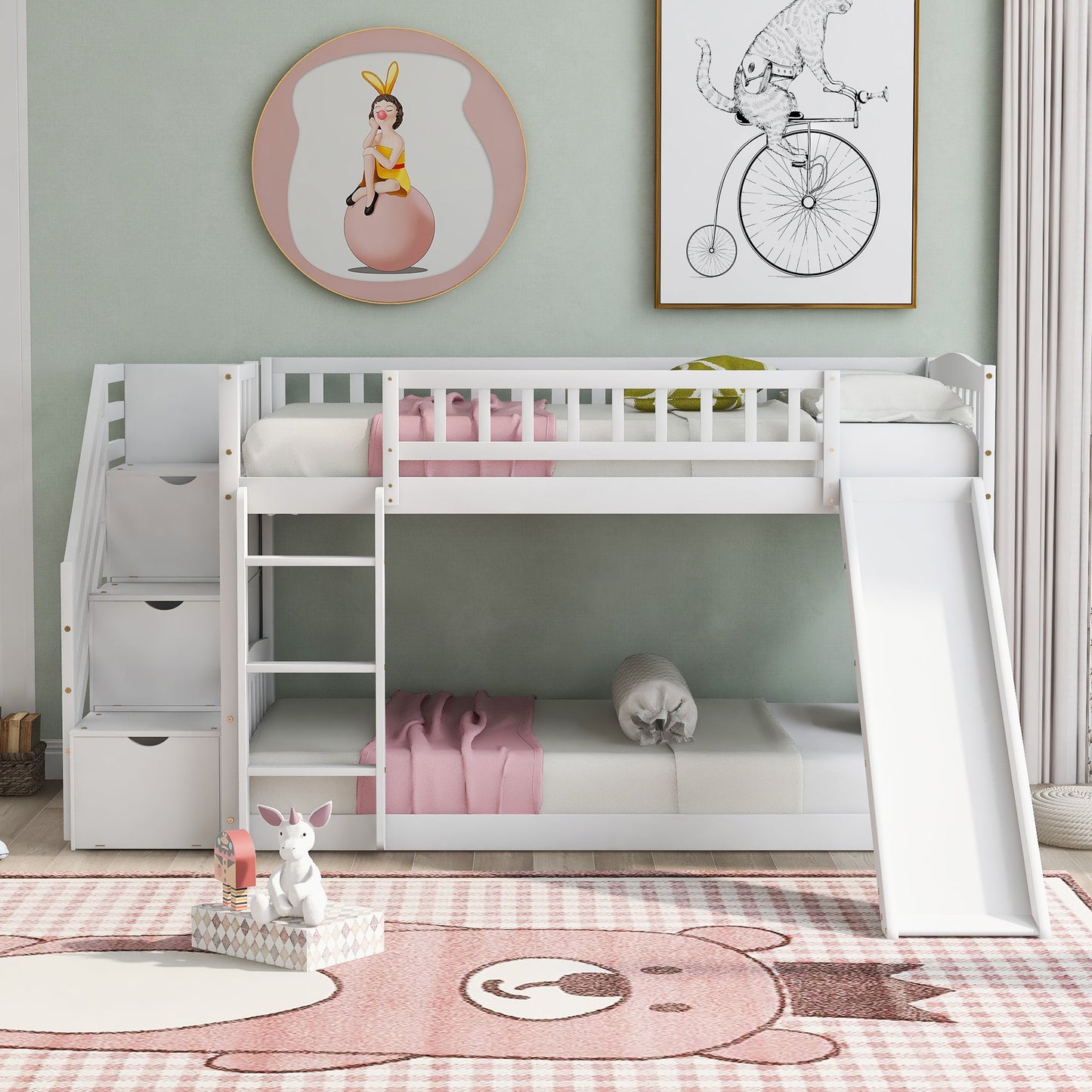 Stairway Twin Over Twin Bunk Bed with Two Drawers and Slide - White