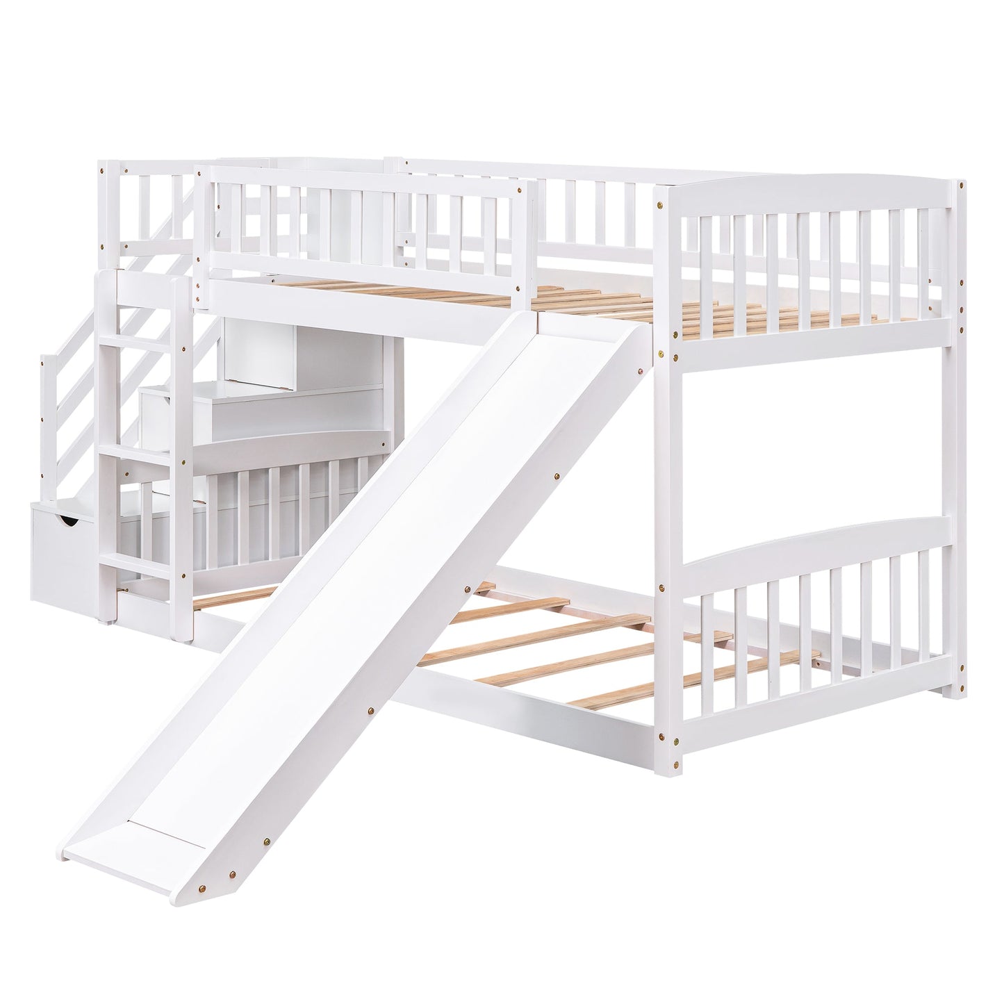 Stairway Twin Over Twin Bunk Bed with Two Drawers and Slide - White