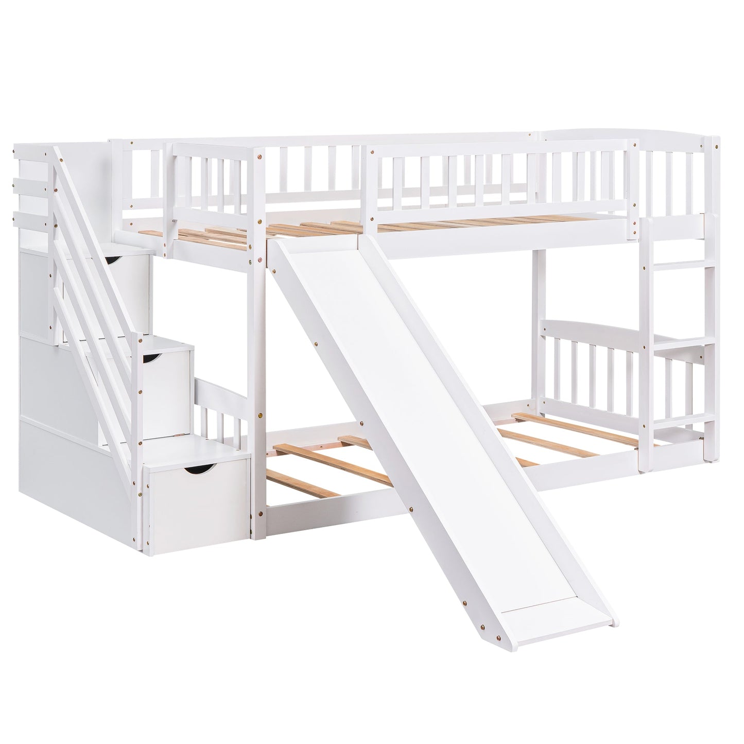 Stairway Twin Over Twin Bunk Bed with Two Drawers and Slide - White