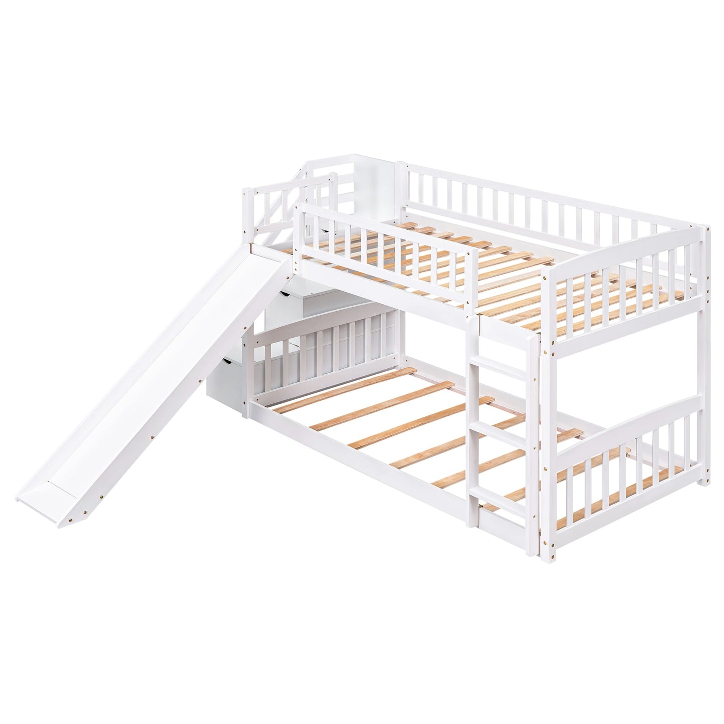 Stairway Twin Over Twin Bunk Bed with Two Drawers and Slide - White
