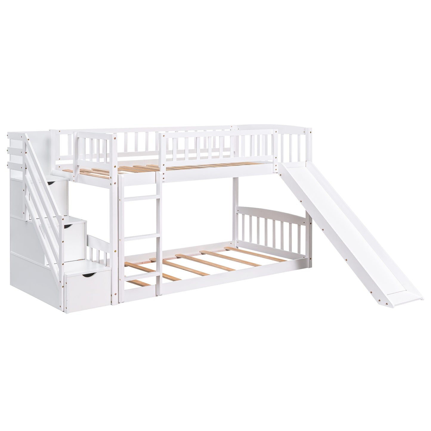 Stairway Twin Over Twin Bunk Bed with Two Drawers and Slide - White