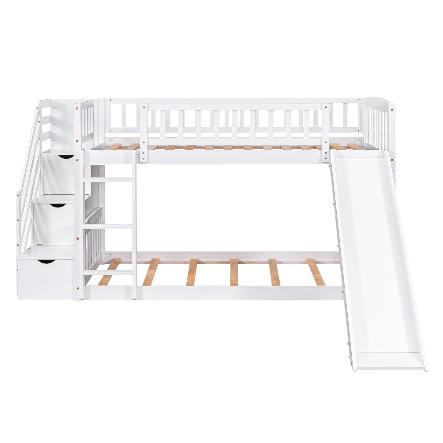 Stairway Twin Over Twin Bunk Bed with Two Drawers and Slide - White