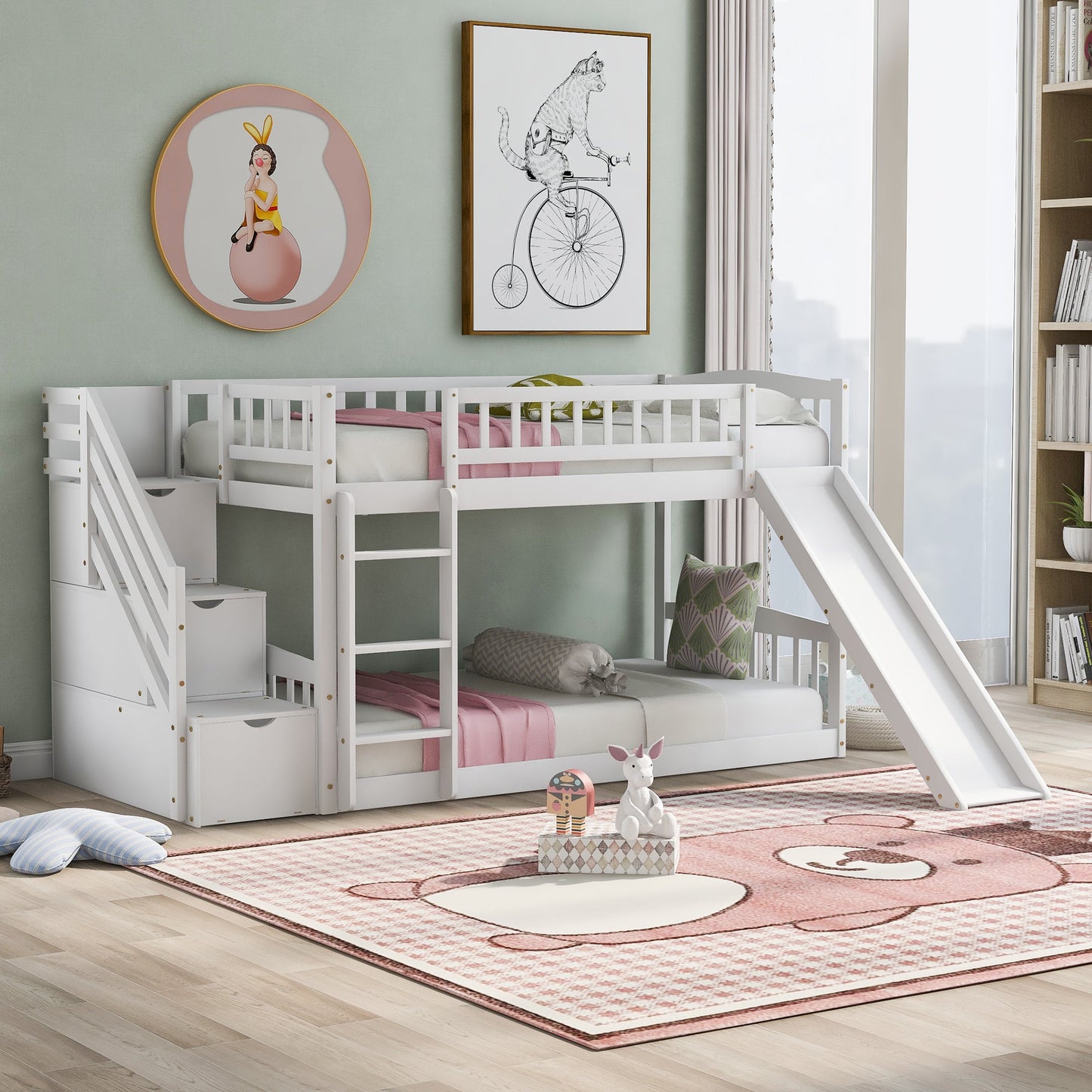 Stairway Twin Over Twin Bunk Bed with Two Drawers and Slide - White